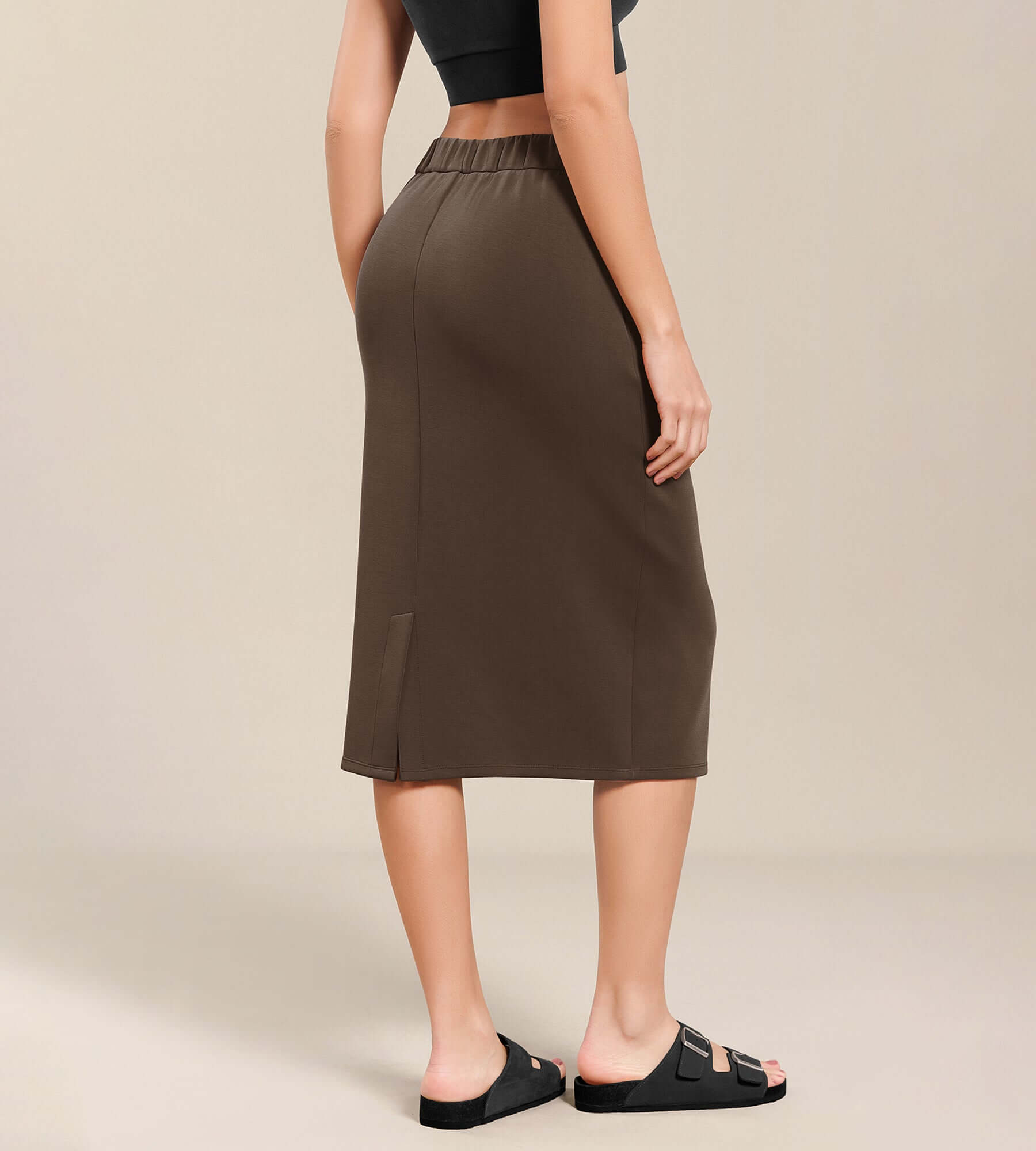 Women's Modal Soft High Waist Back Slit Midi Skirt with Pockets - ododos