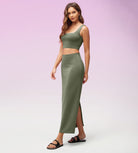 Modal Soft Back Slit Casual Maxi Skirts Dark Sage - ododos