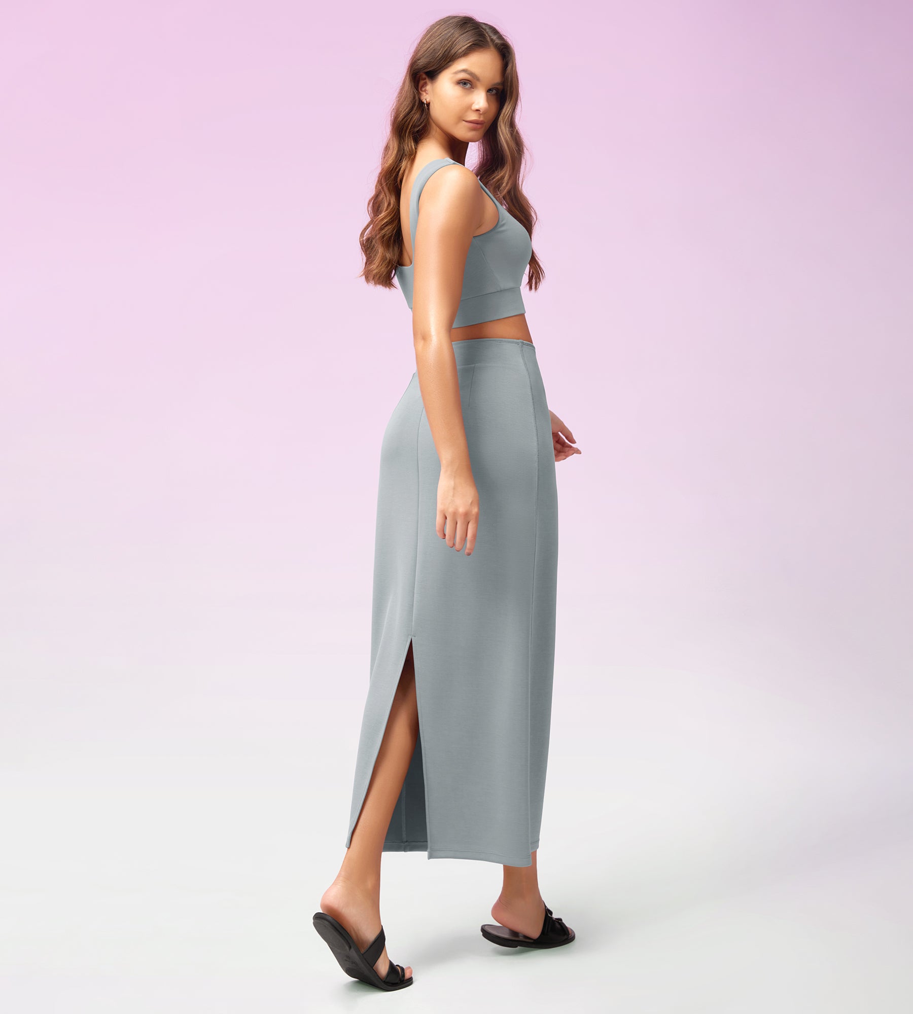 Modal Soft Back Slit Casual Maxi Skirts Grey Blue - ododos