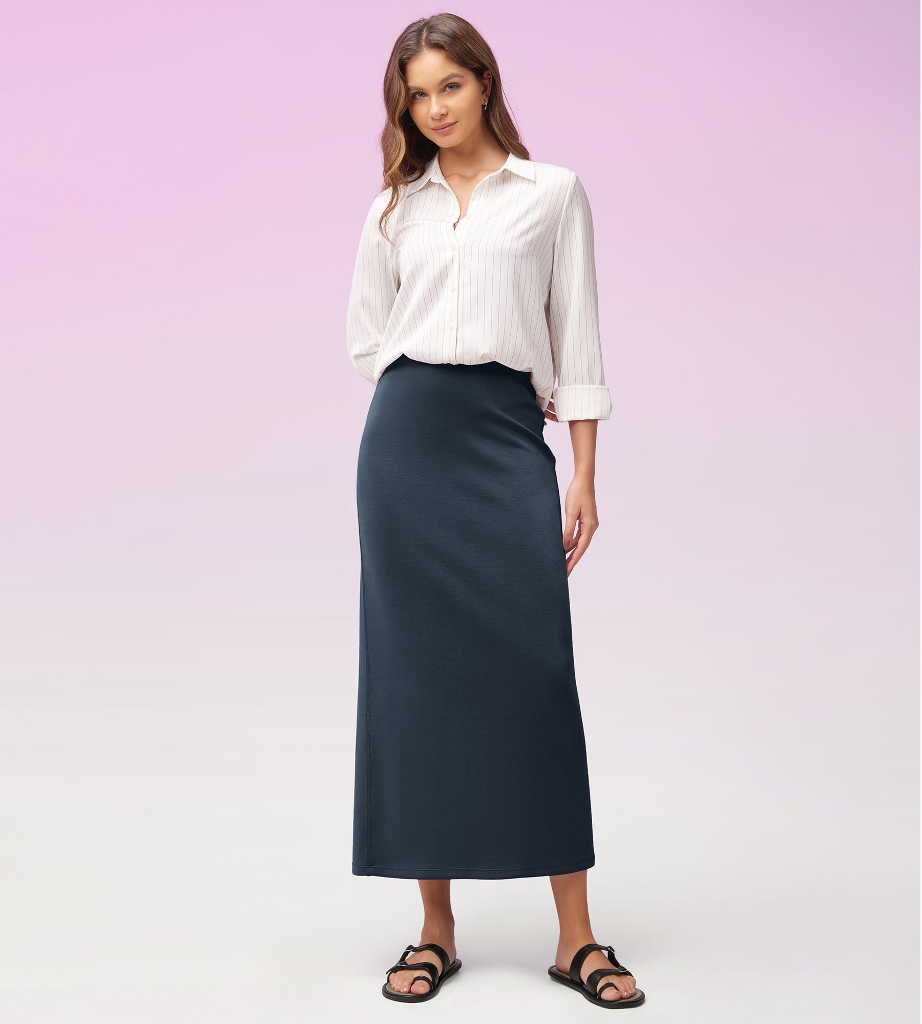 Modal Soft Back Slit Casual Maxi Skirts Navy - ododos