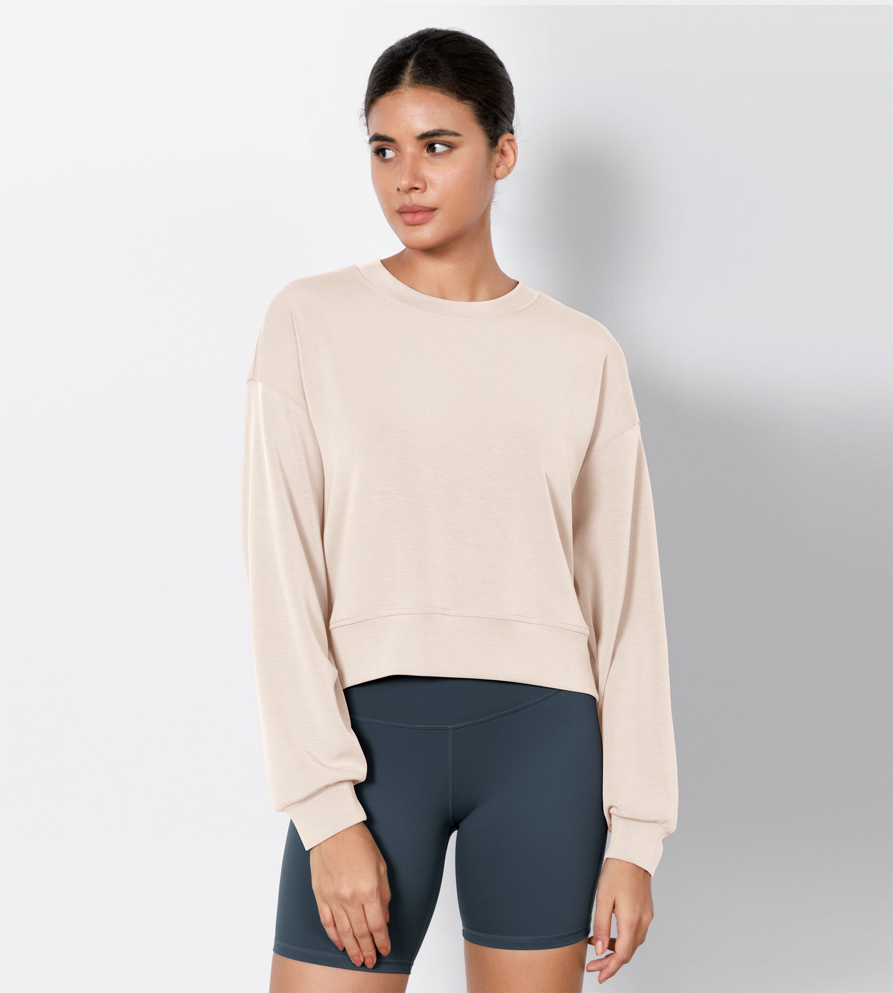 Modal Soft Long Sleeve Cropped Sweatshirts Beige - ododos