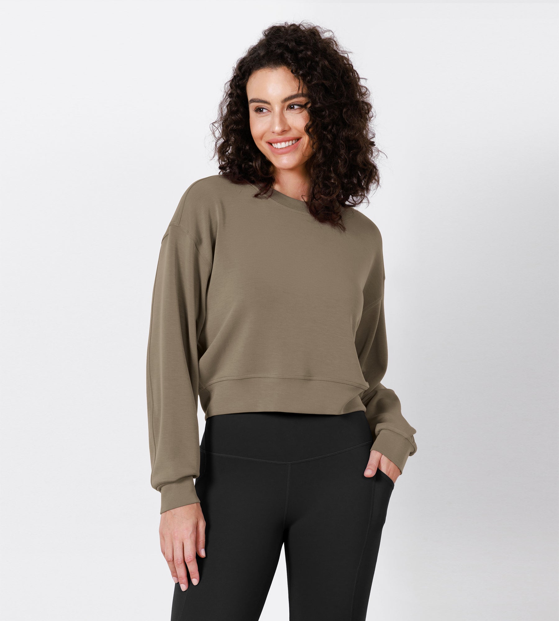 Modal Soft Long Sleeve Cropped Sweatshirts Espresso - ododos