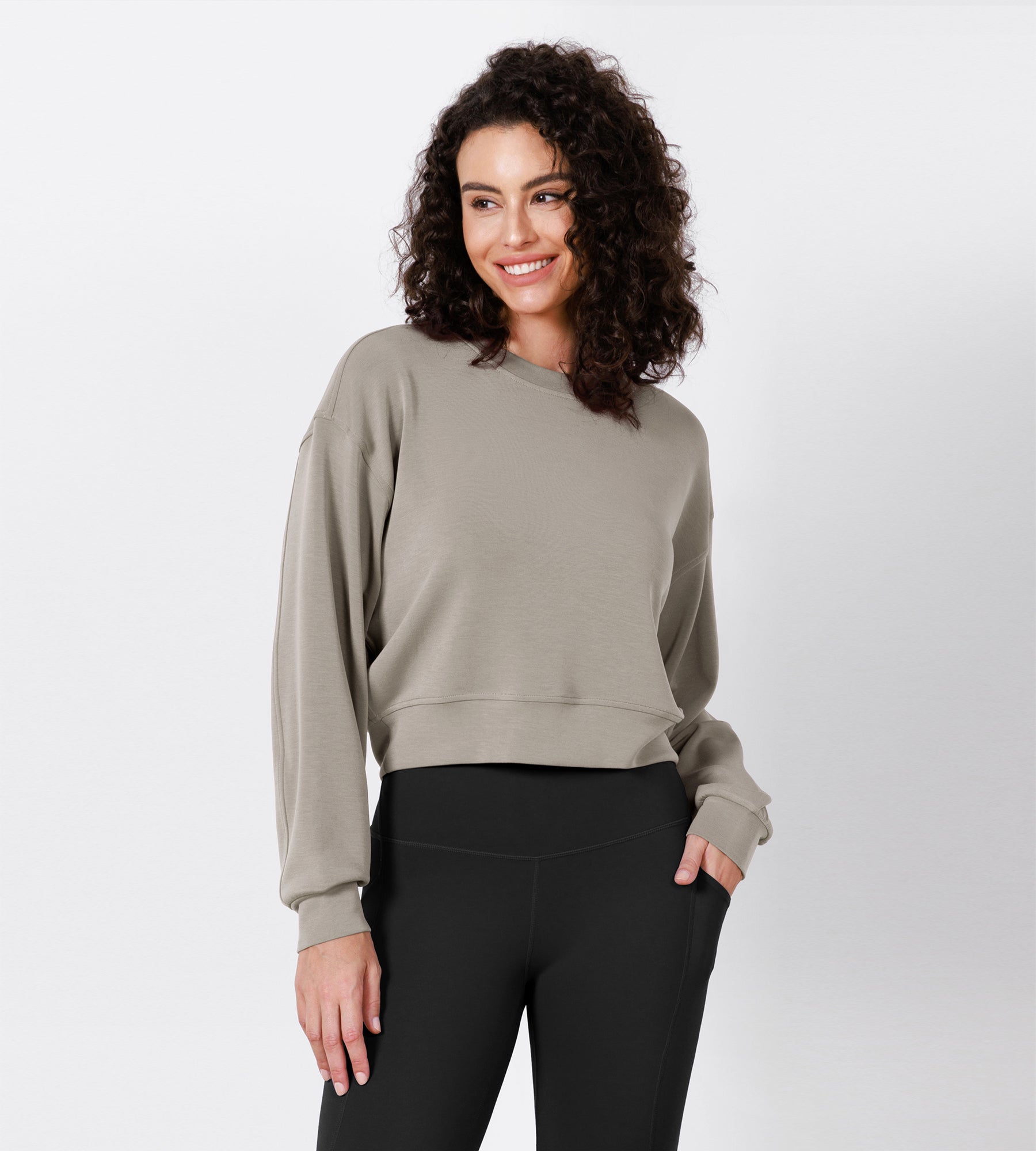 Modal Soft Long Sleeve Cropped Sweatshirts Khaki - ododos