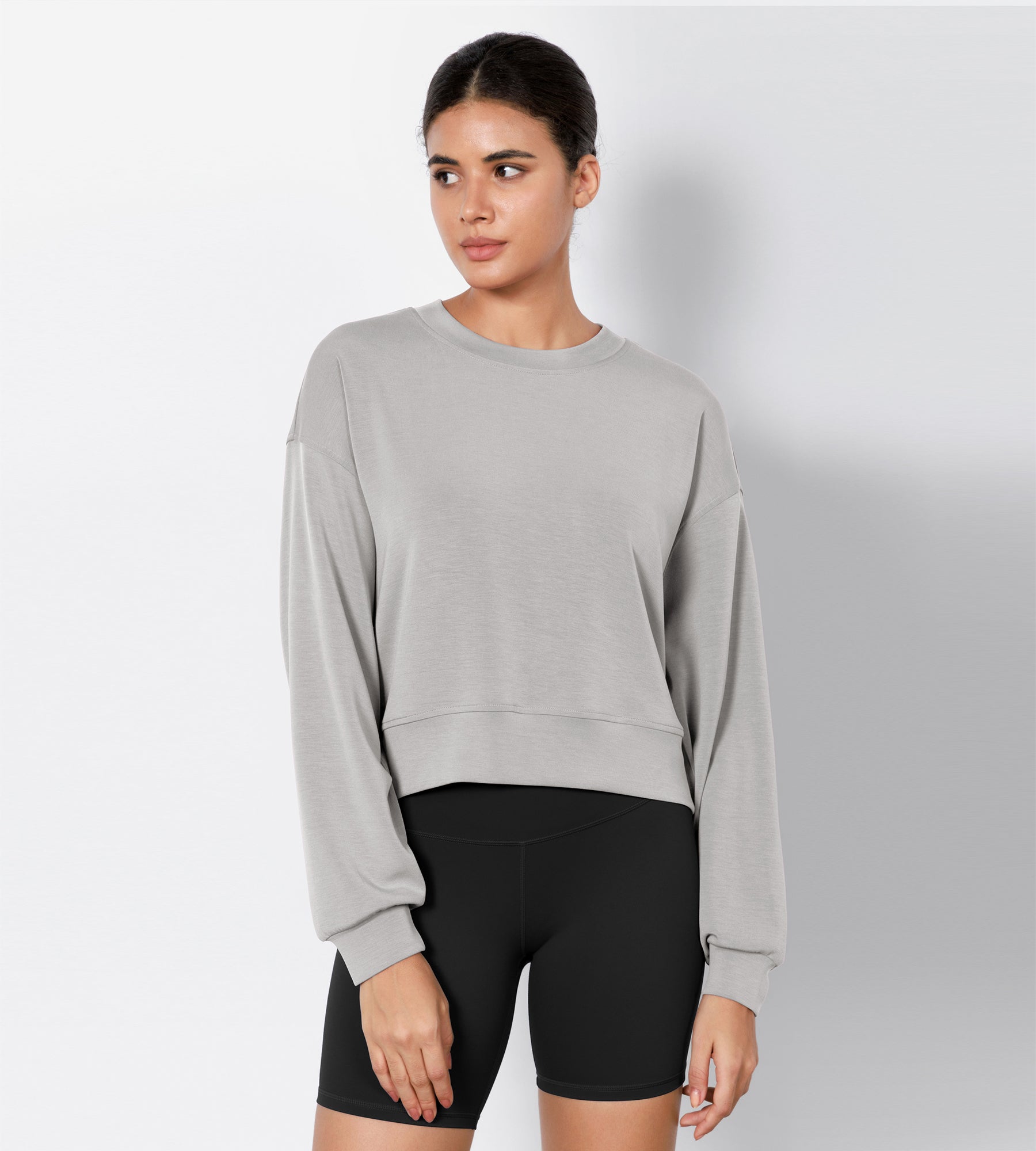 Modal Soft Long Sleeve Cropped Sweatshirts Light Gray - ododos