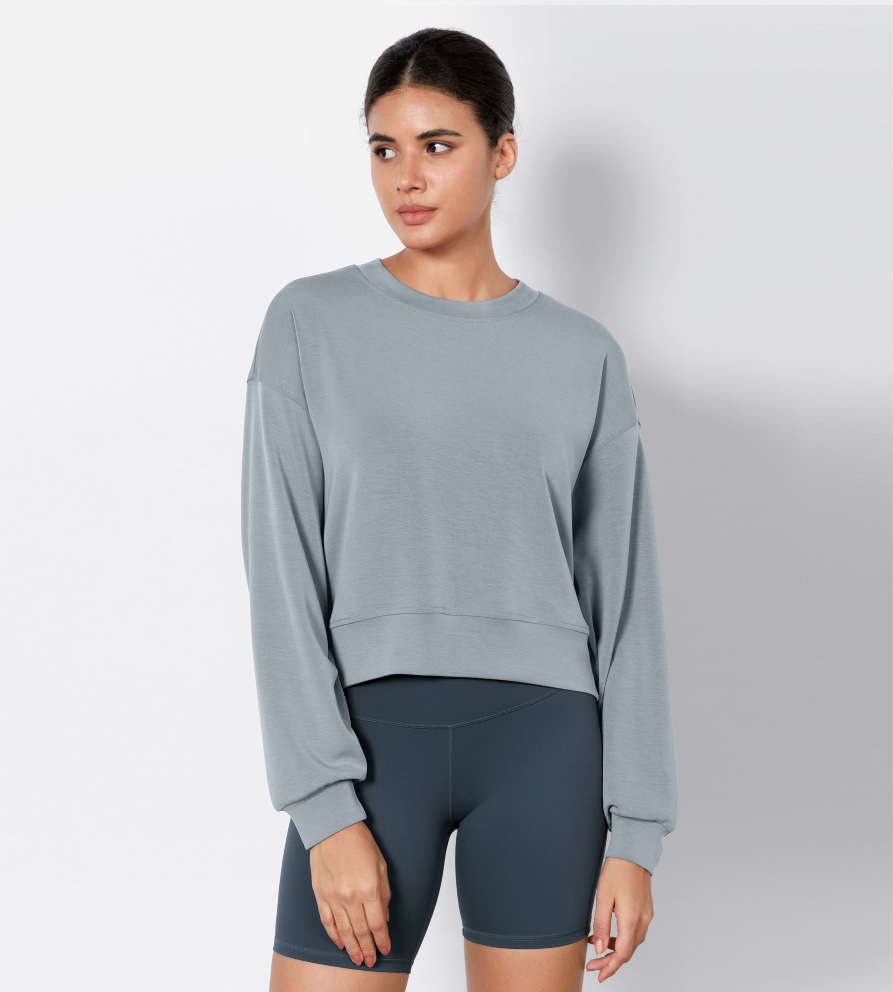 Modal Soft Long Sleeve Cropped Sweatshirts Grey Blue - ododos