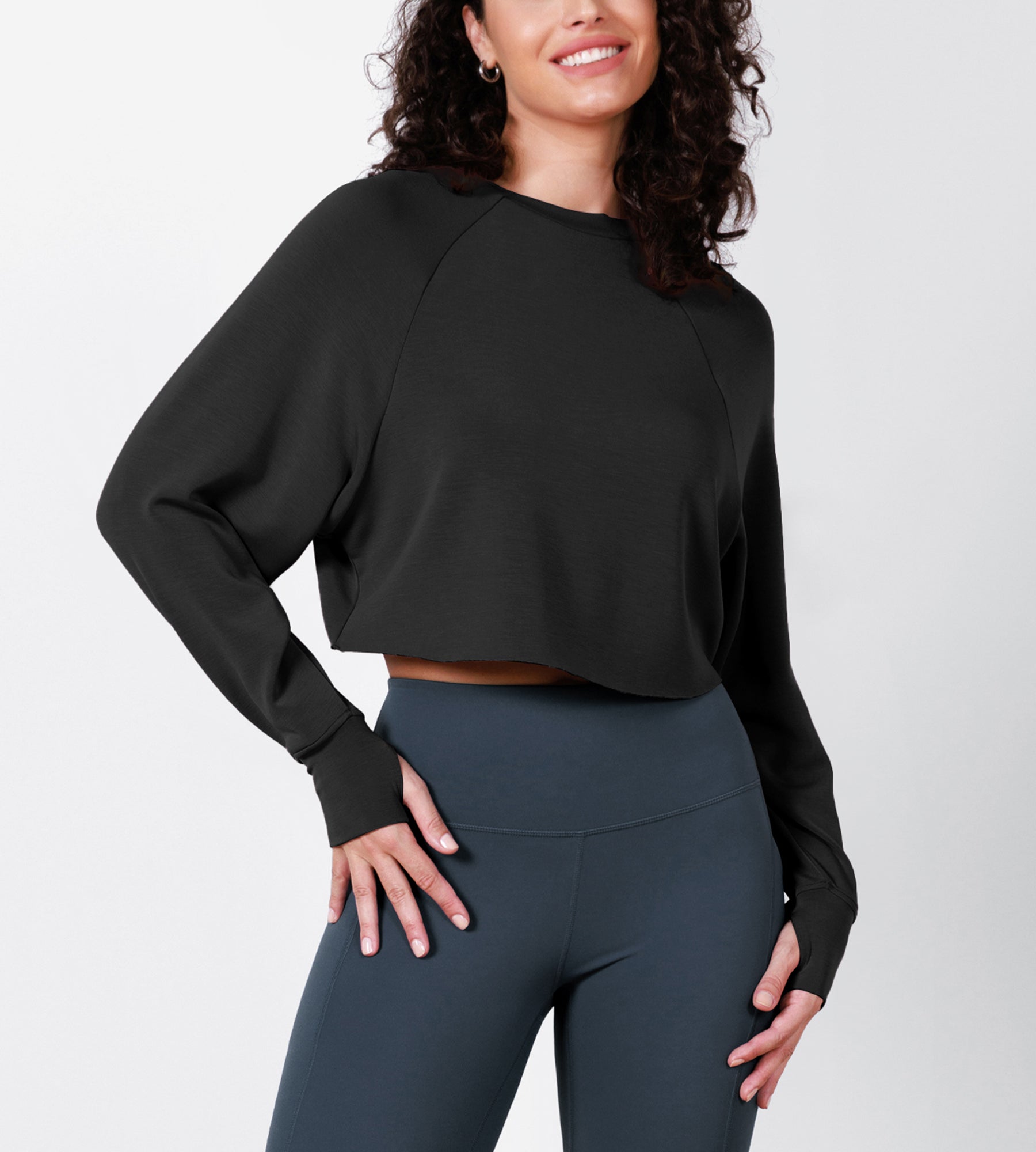 Modal Soft Long Sleeve Cropped Sweatshirts with Thumb Hole - ododos