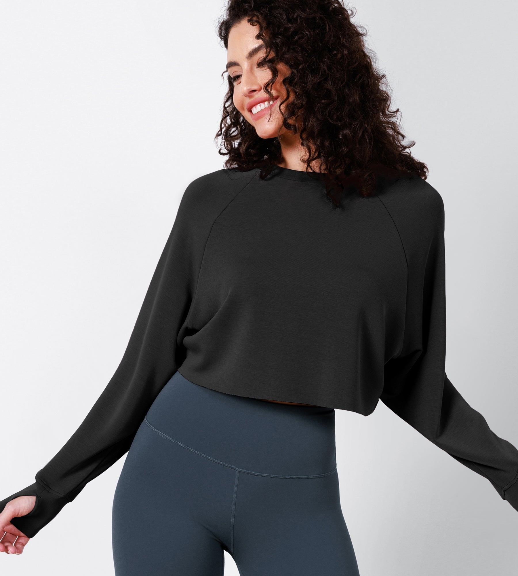 Modal Soft Long Sleeve Cropped Sweatshirts with Thumb Hole Black - ododos