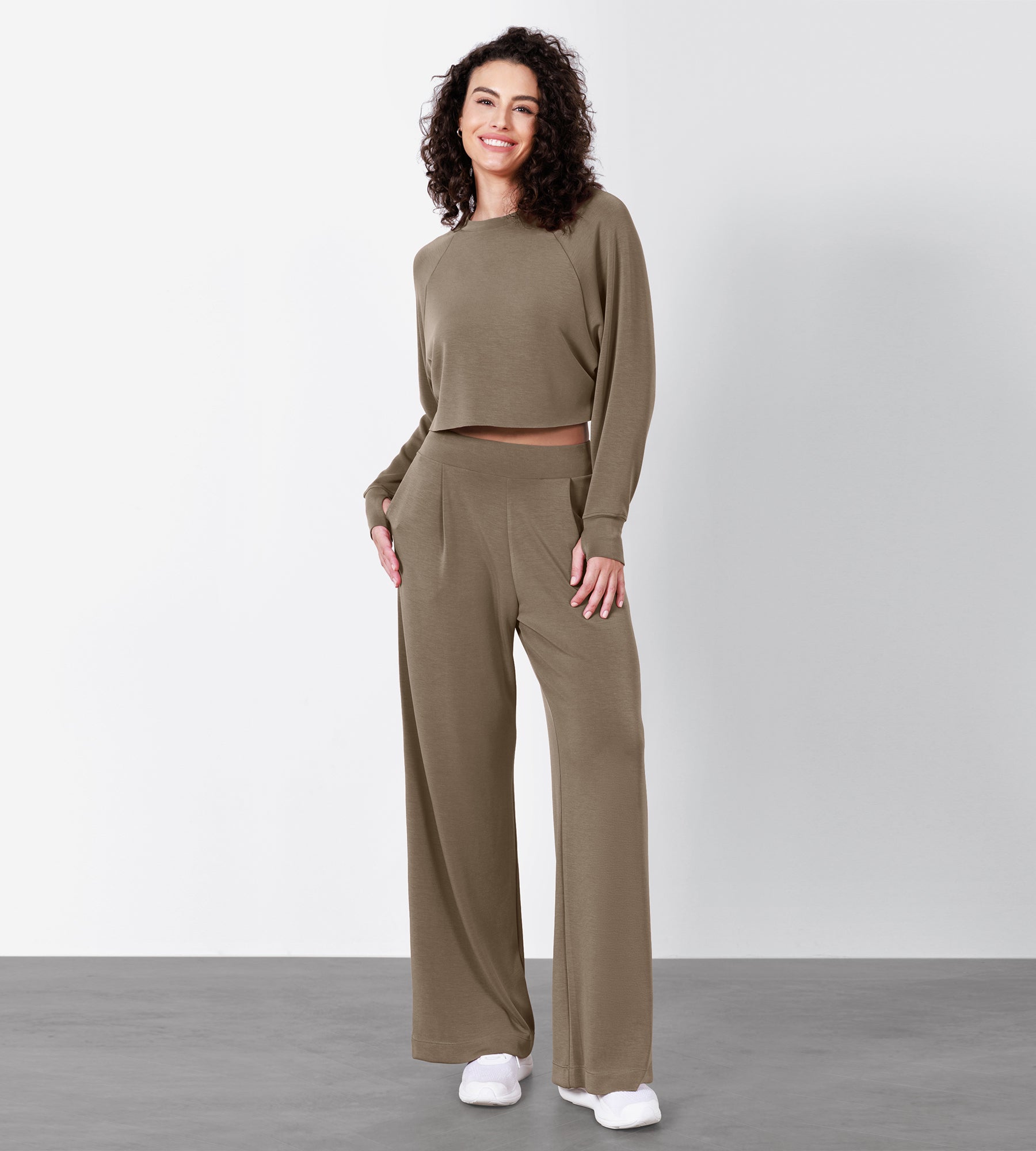 Modal Soft Long Sleeve Cropped Sweatshirts with Thumb Hole Espresso - ododos