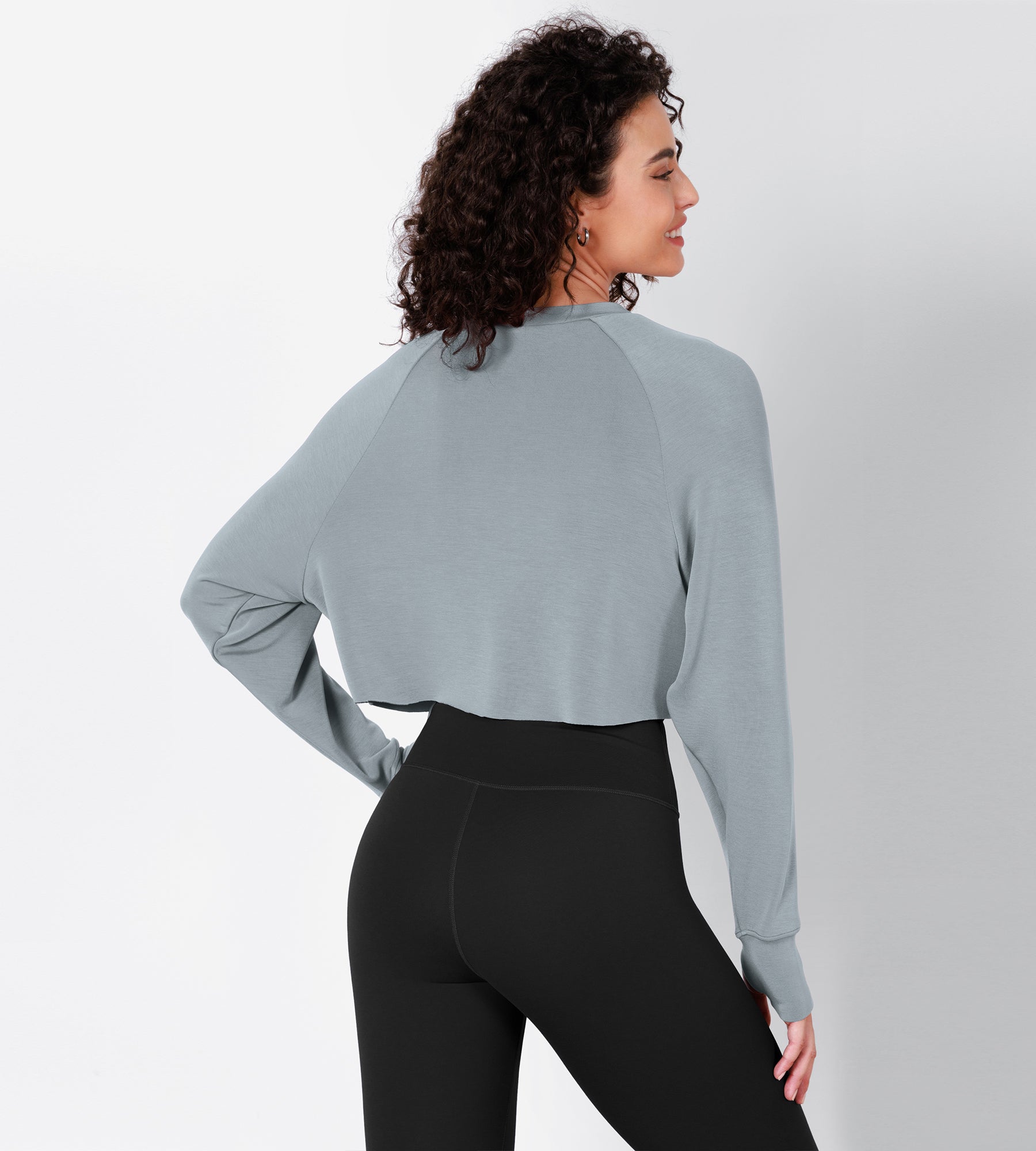 Modal Soft Long Sleeve Cropped Sweatshirts with Thumb Hole Grey Blue - ododos