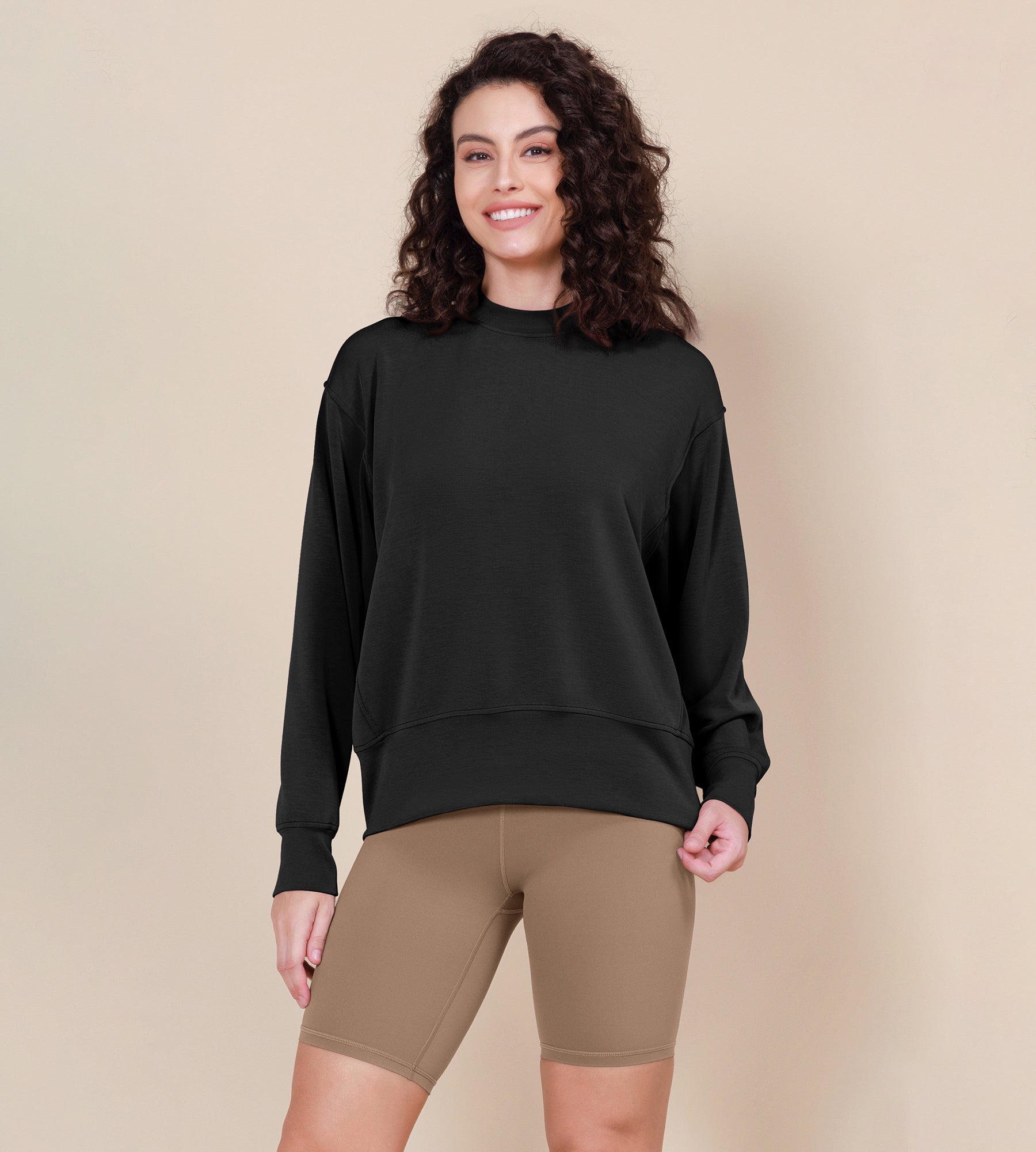 Modal Soft Long Sleeve Oversized Sweatshirts Black - ododos