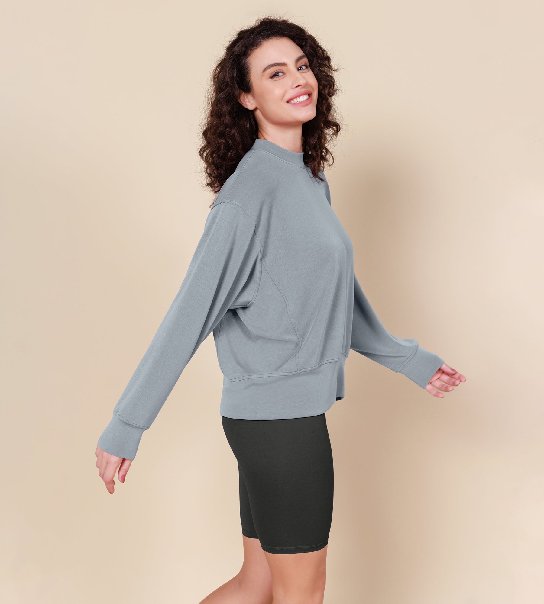 Modal Soft Long Sleeve Oversized Sweatshirts Grey Blue - ododos