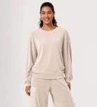 Modal Soft Oversized Crew Neck Sweatshirts Beige - ododos