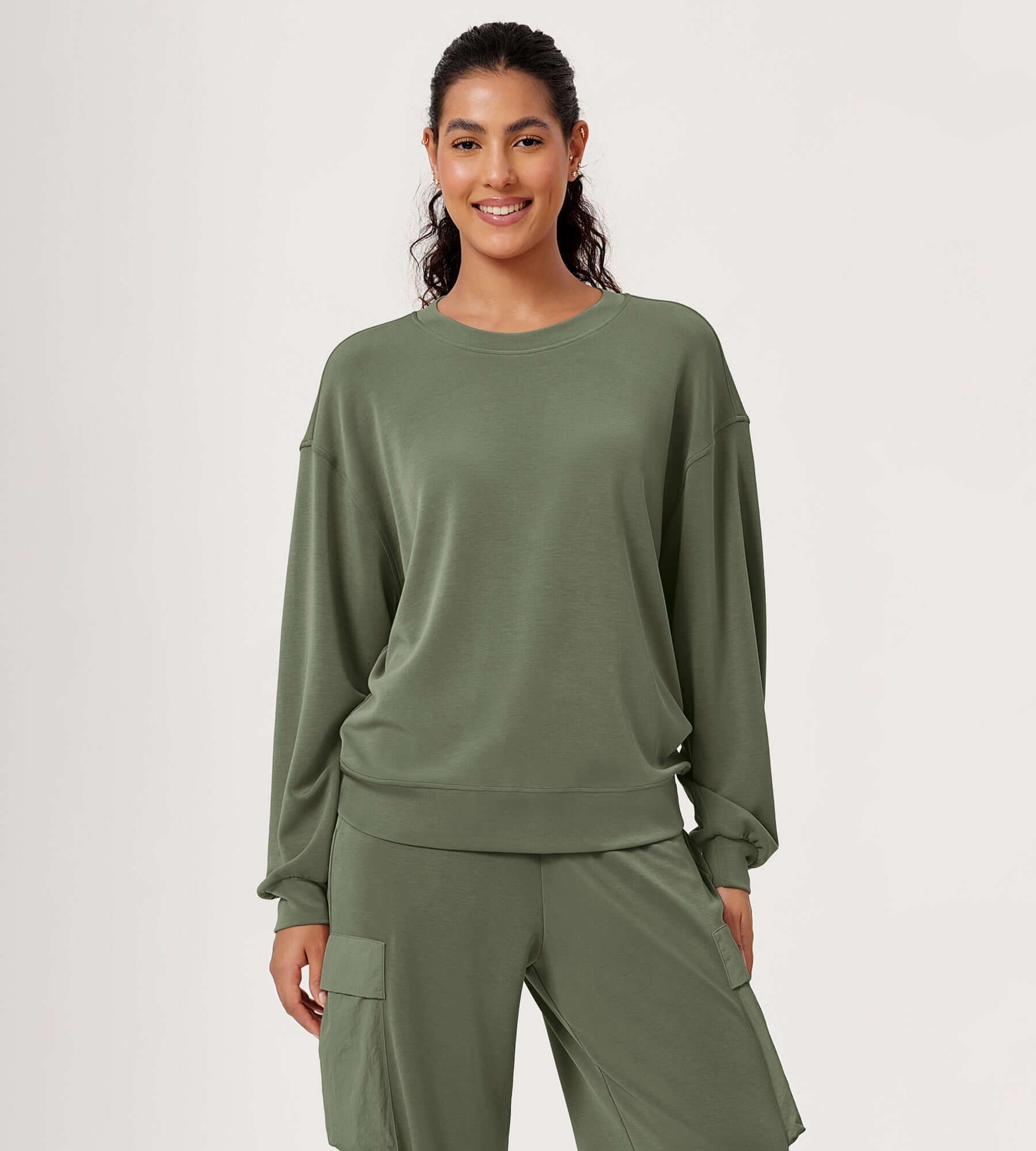 Modal Soft Oversized Crew Neck Sweatshirts Dark Sage - ododos