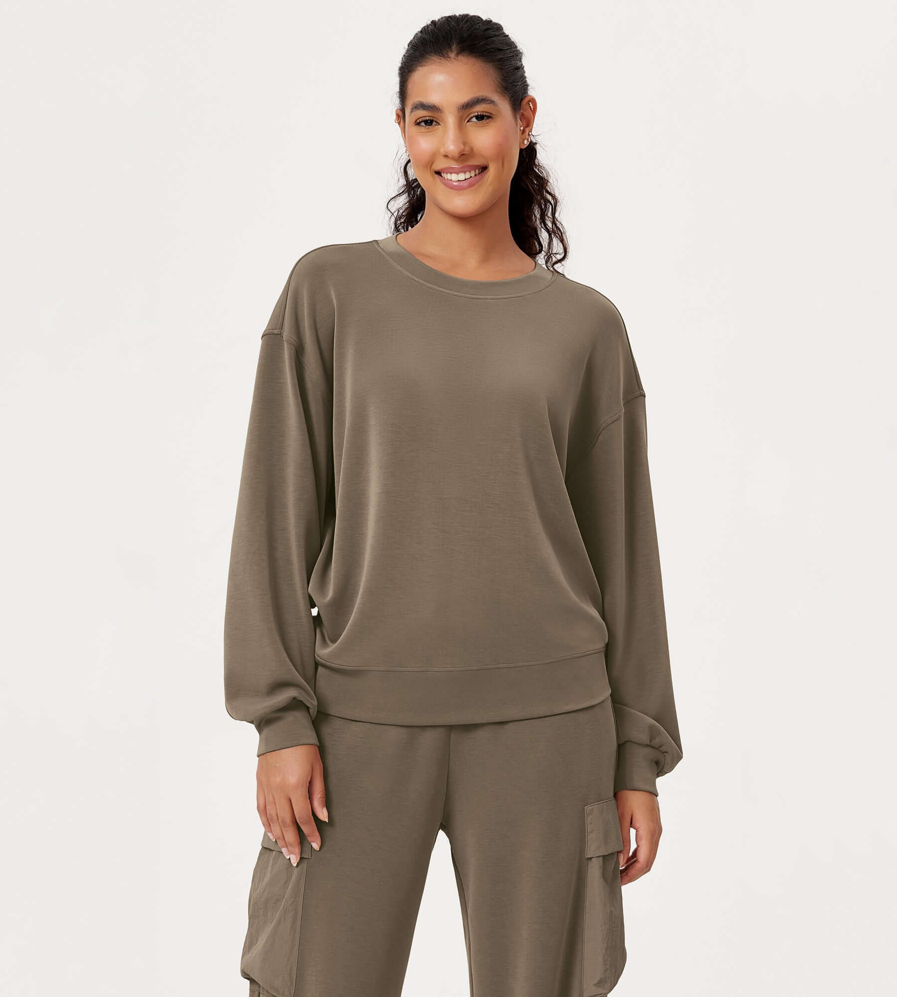 Modal Soft Oversized Crew Neck Sweatshirts Espresso - ododos