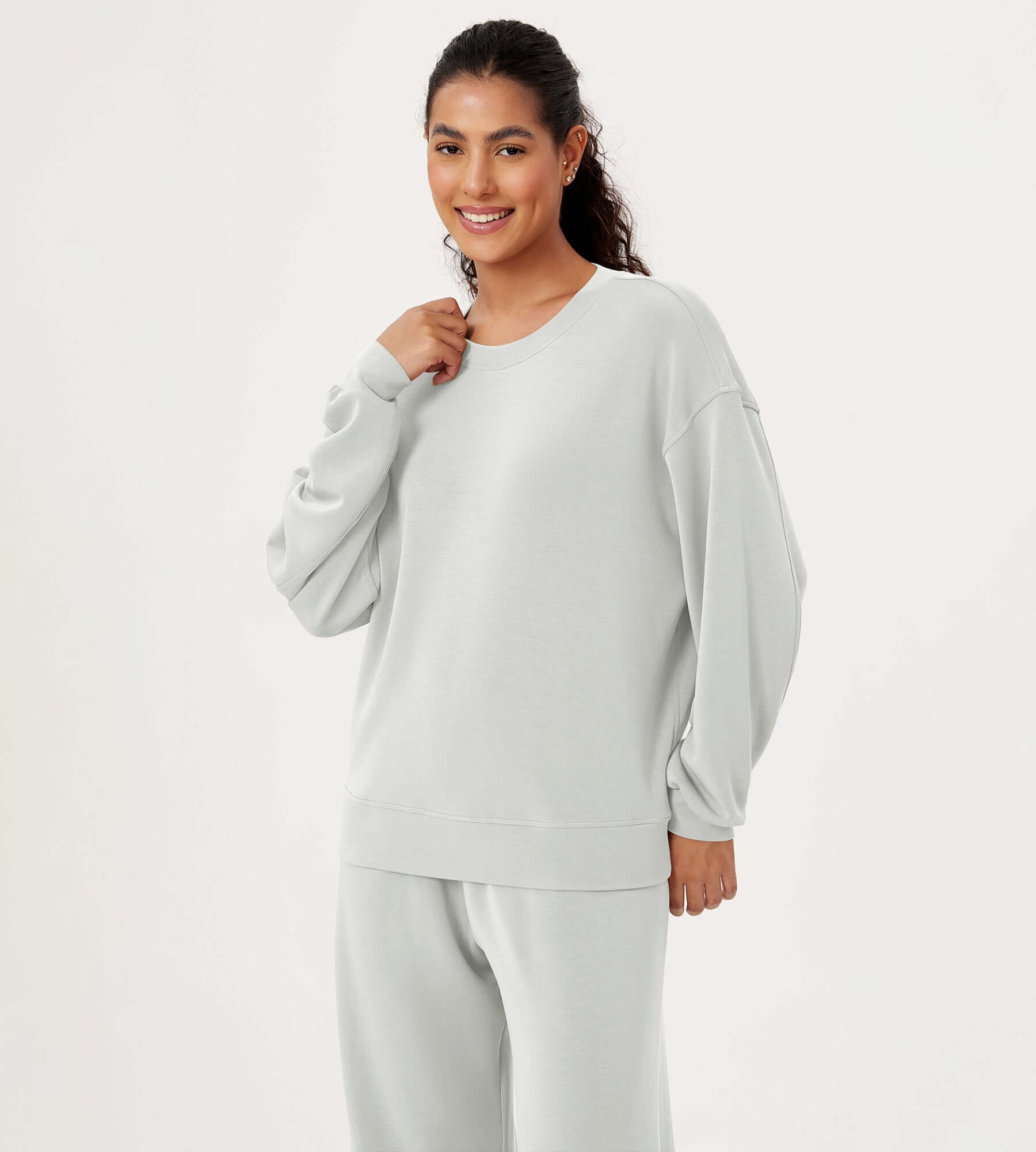 Modal Soft Oversized Crew Neck Sweatshirts Frosted Mint - ododos