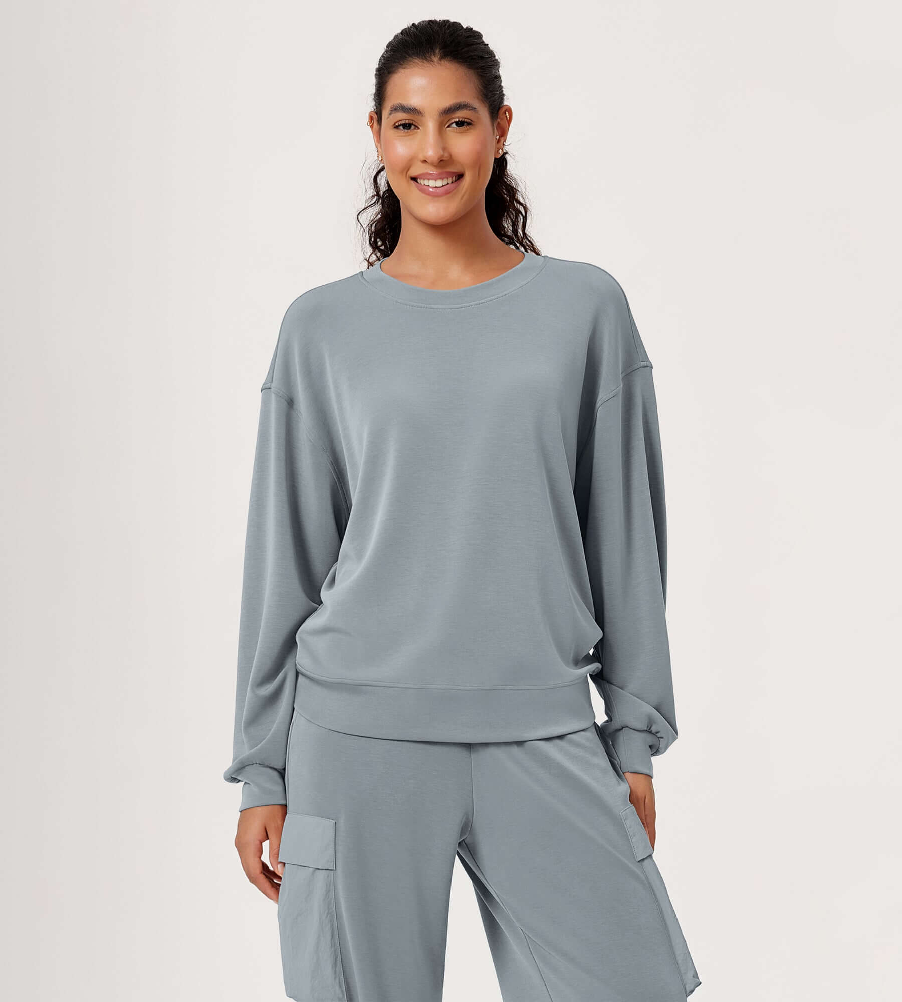 Modal Soft Oversized Crew Neck Sweatshirts Grey Blue - ododos