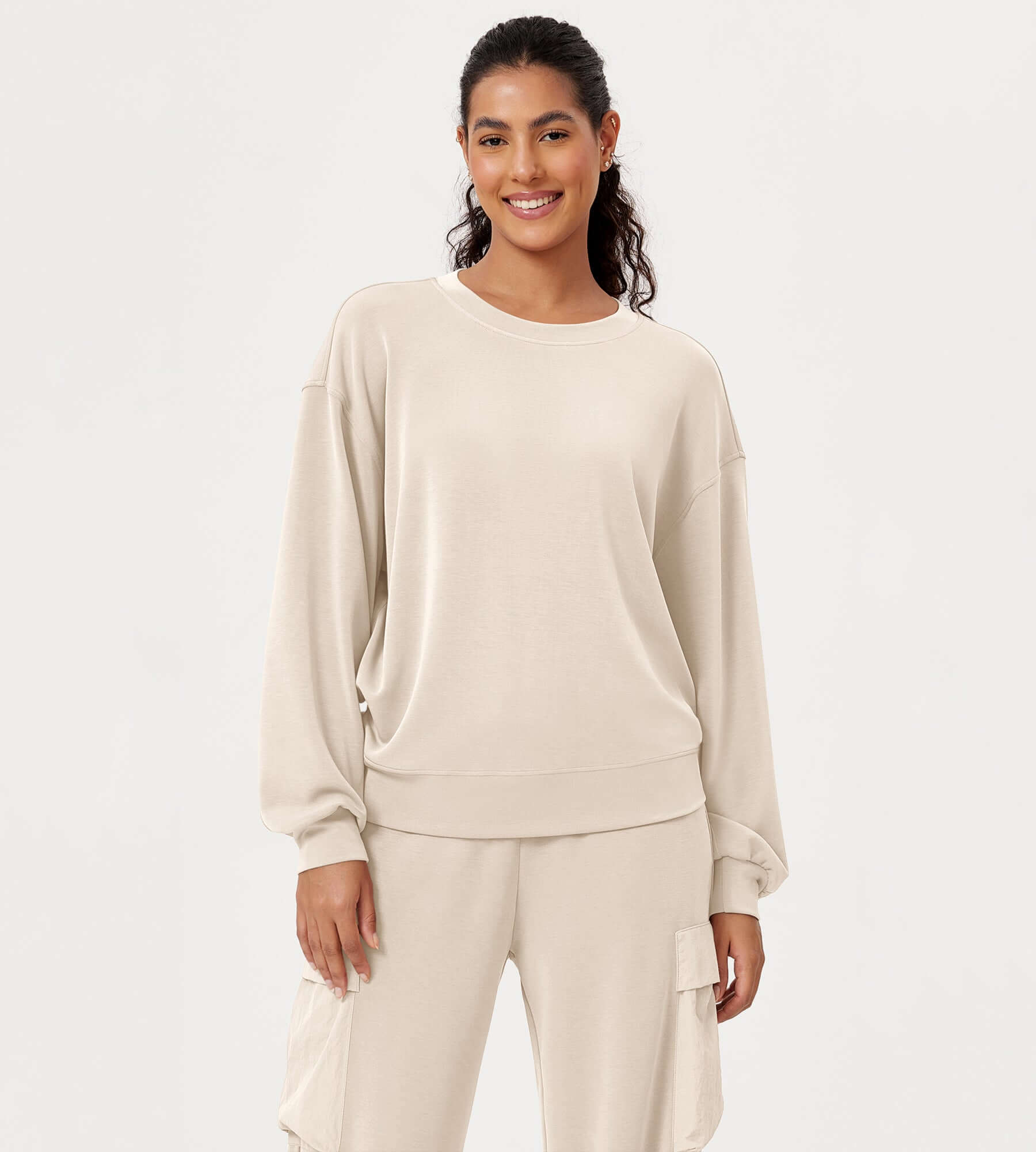 Modal Soft Oversized Crew Neck Sweatshirts Ivory - ododos