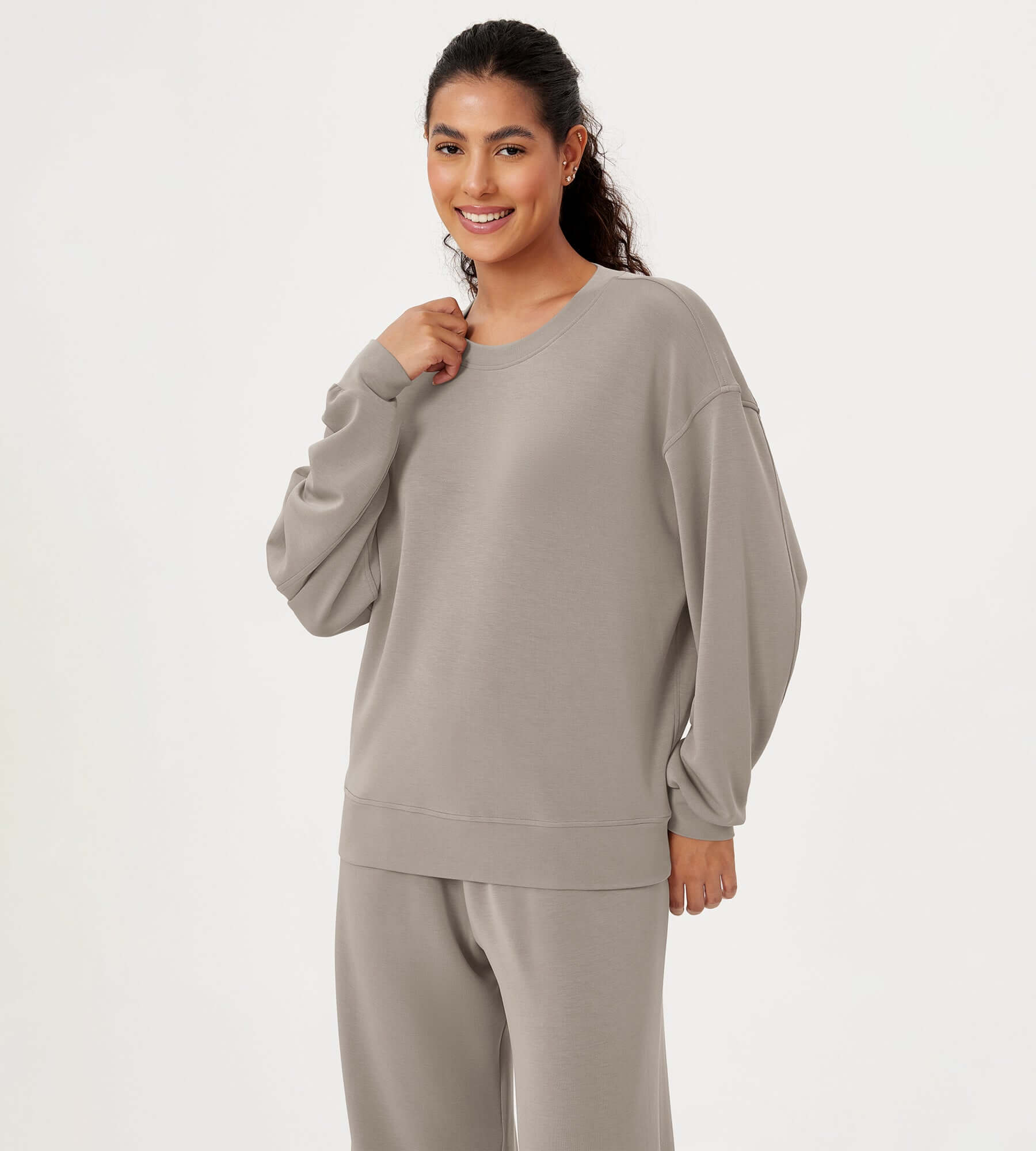 Modal Soft Oversized Crew Neck Sweatshirts Khaki - ododos