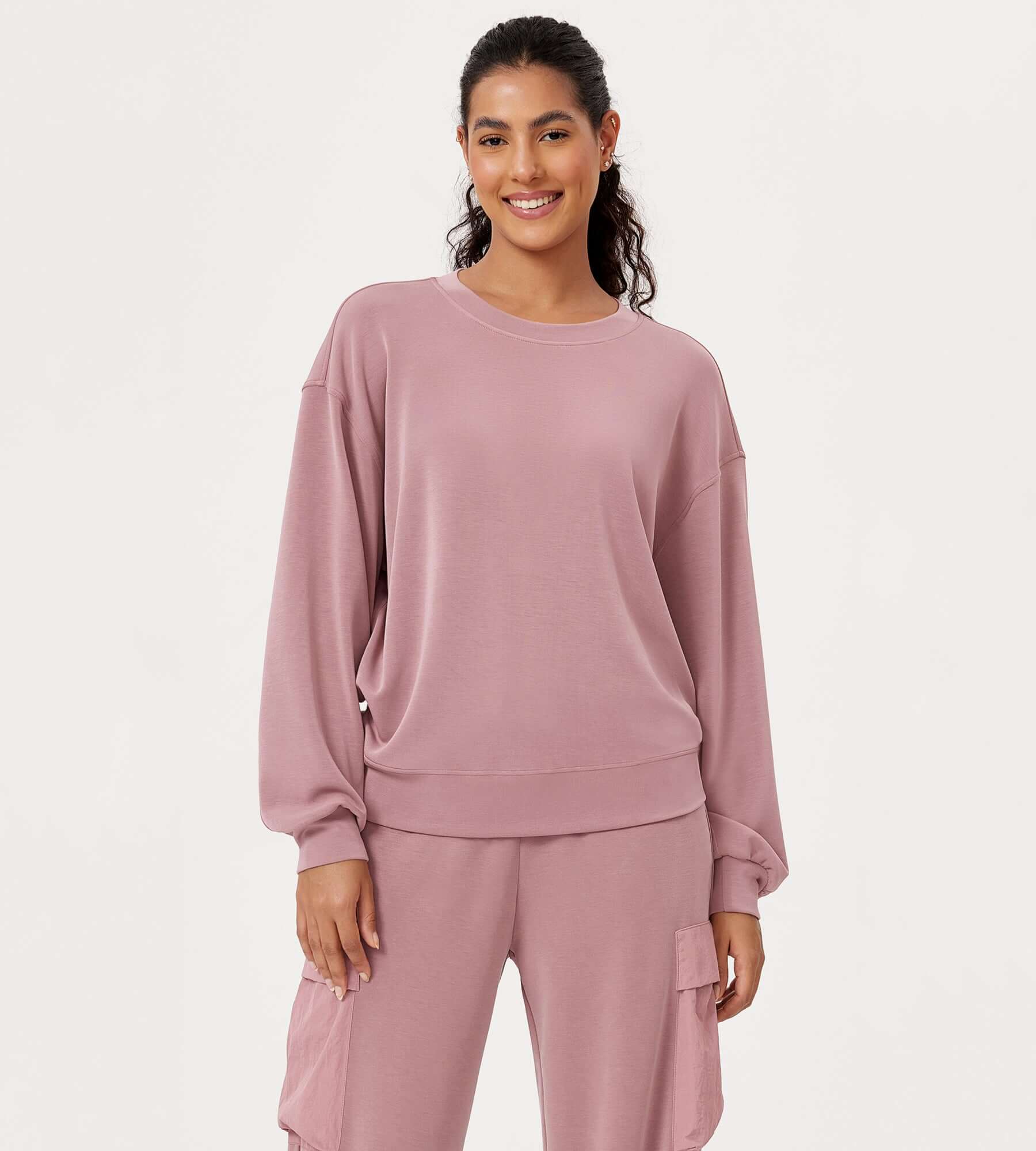 Modal Soft Oversized Crew Neck Sweatshirts Light Pink - ododos