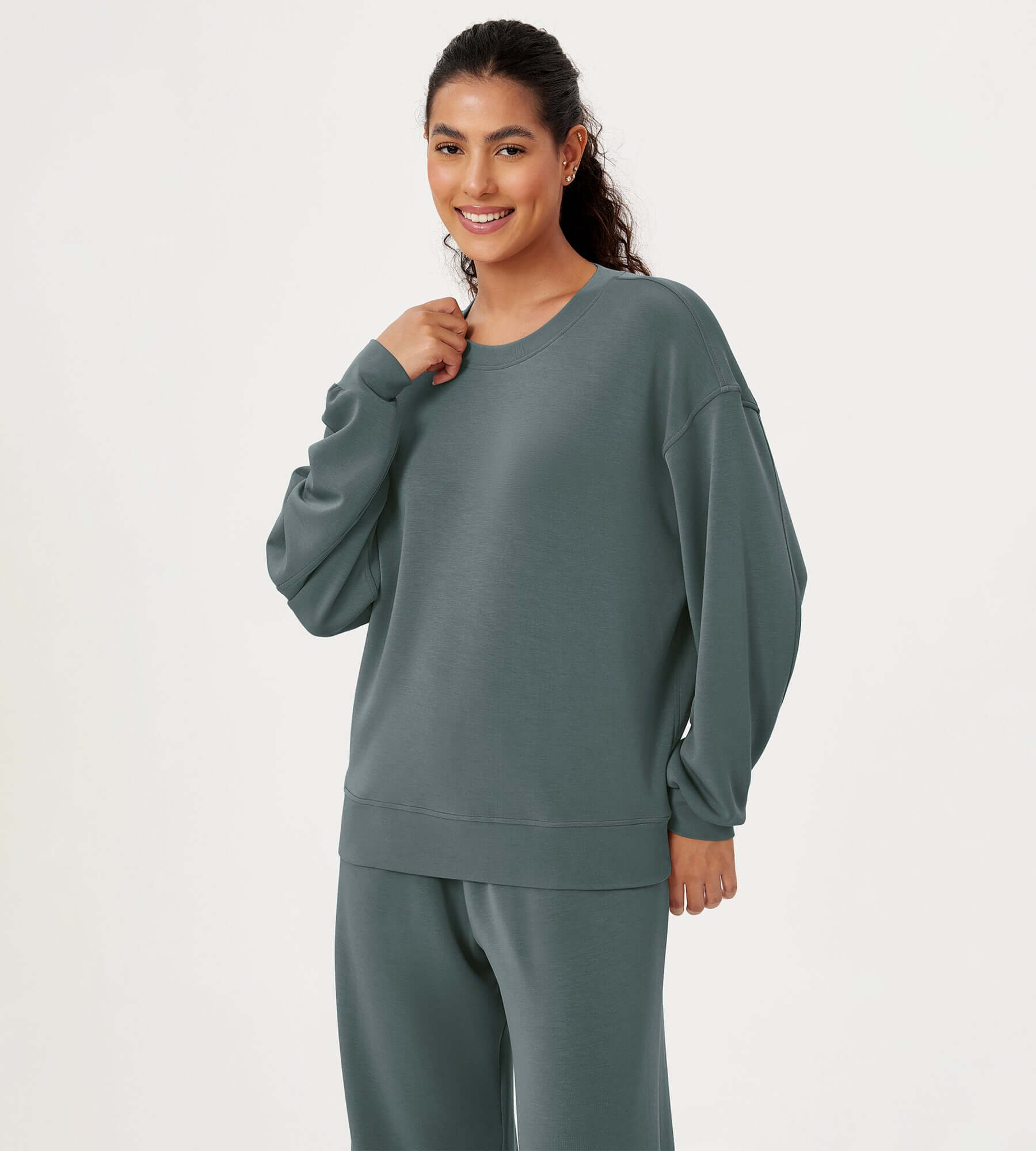 Modal Soft Oversized Crew Neck Sweatshirts Slate Green - ododos