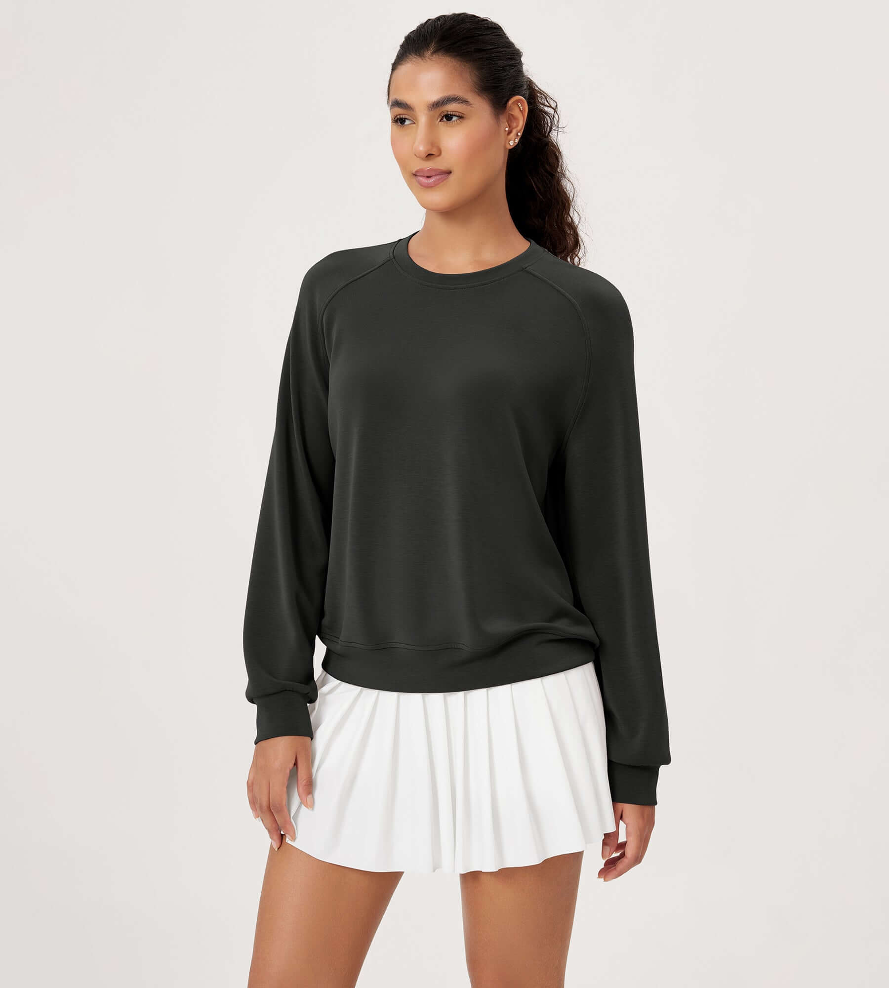 Modal Soft Raglan Long Sleeves Sweatshirts Black - ododos