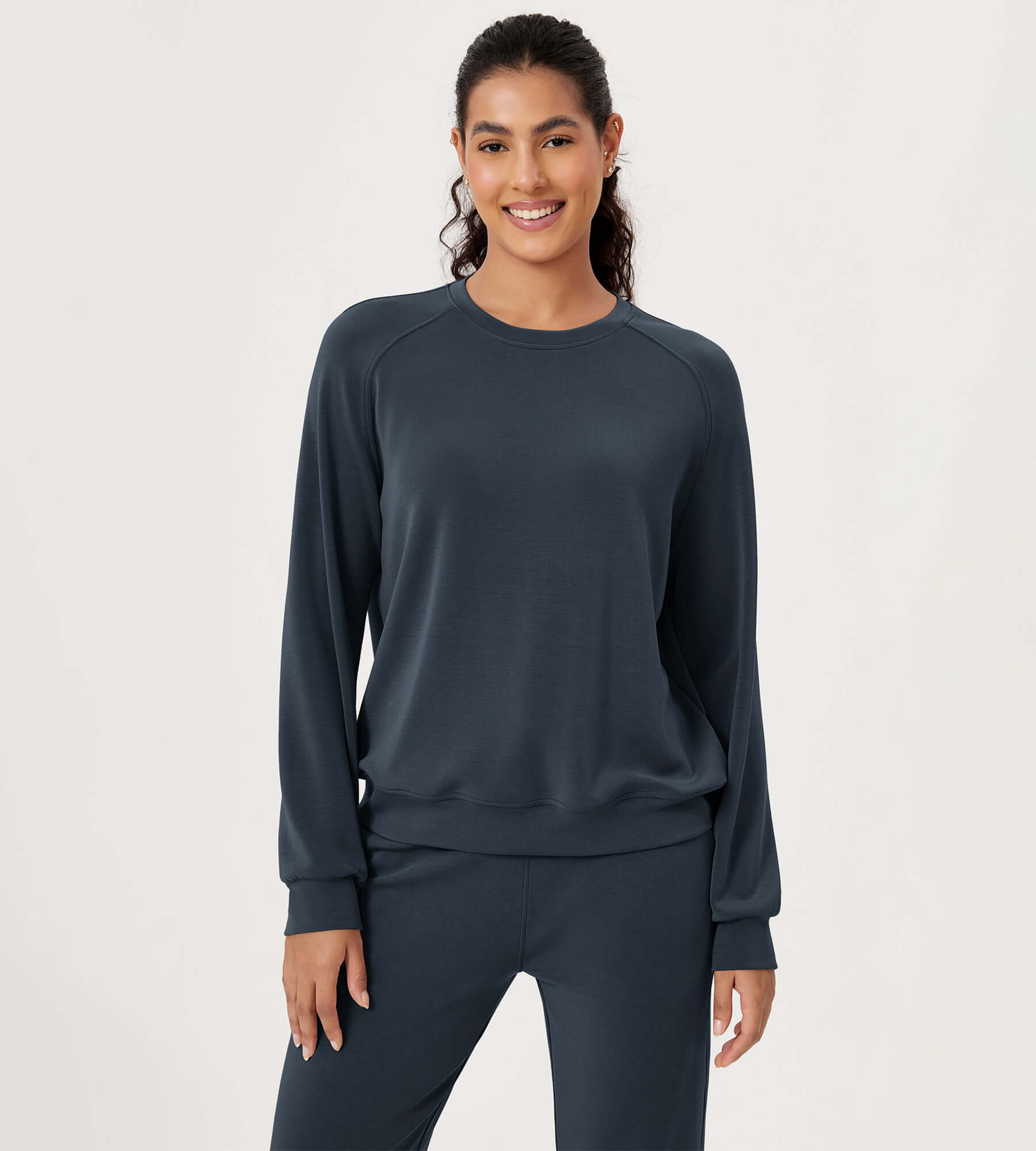 Modal Soft Raglan Long Sleeves Sweatshirts Navy - ododos