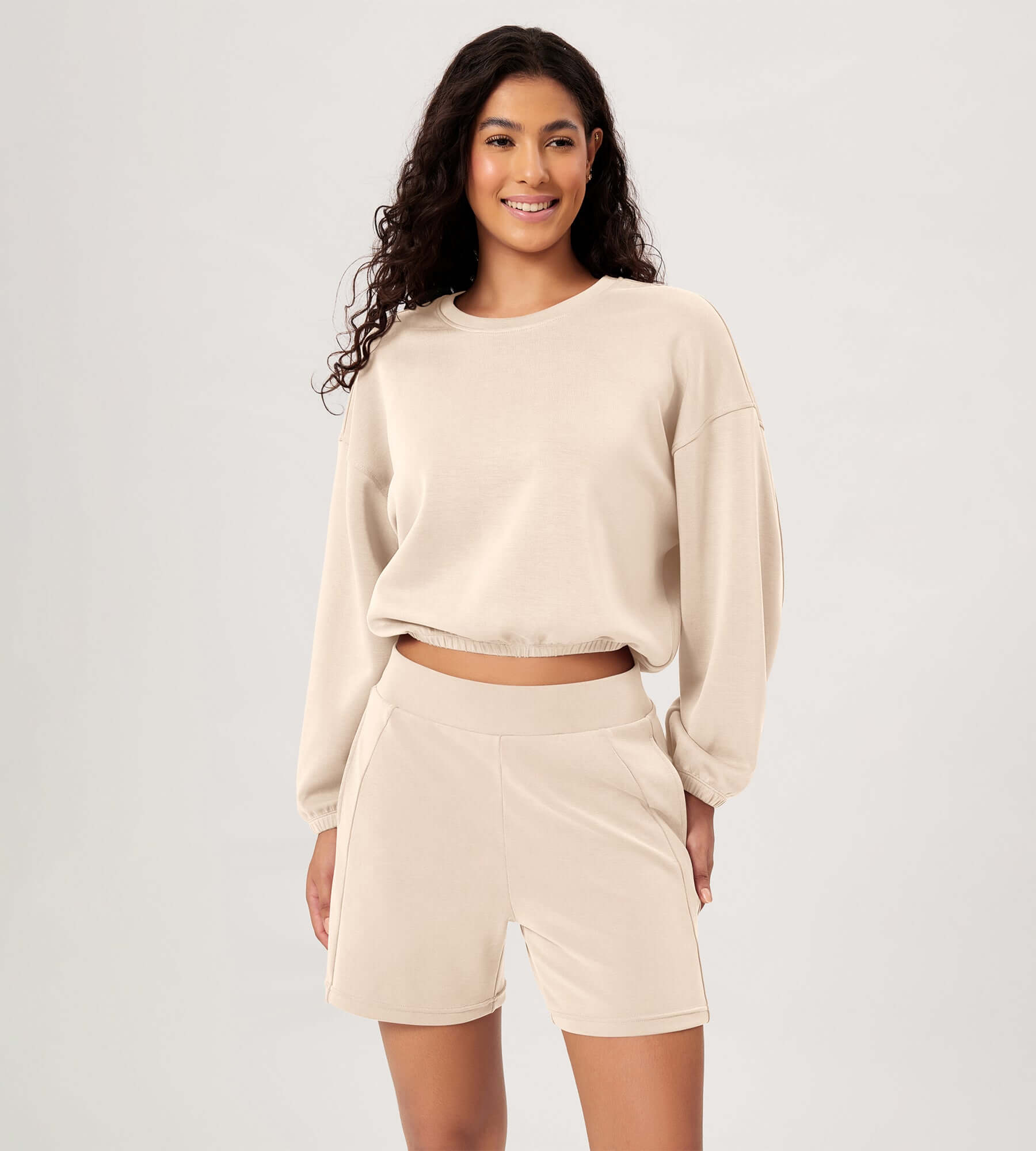 Modal Soft Cropped Long Sleeve Elastic Hem Sweatshirts Beige - ododos