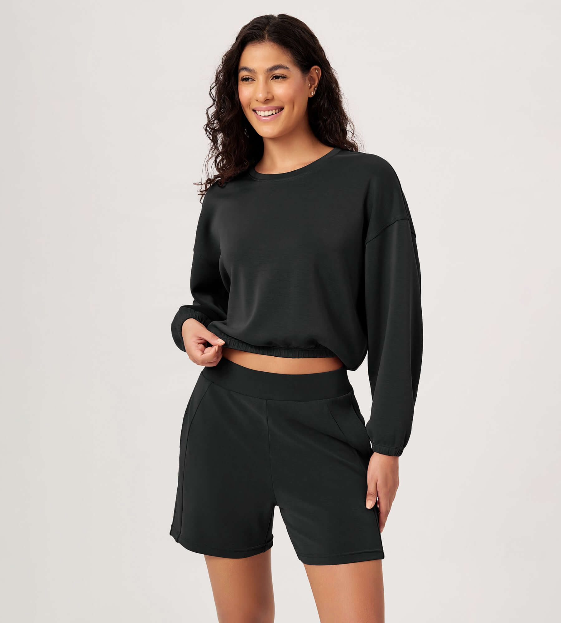 Modal Soft Cropped Long Sleeve Elastic Hem Sweatshirts Black - ododos