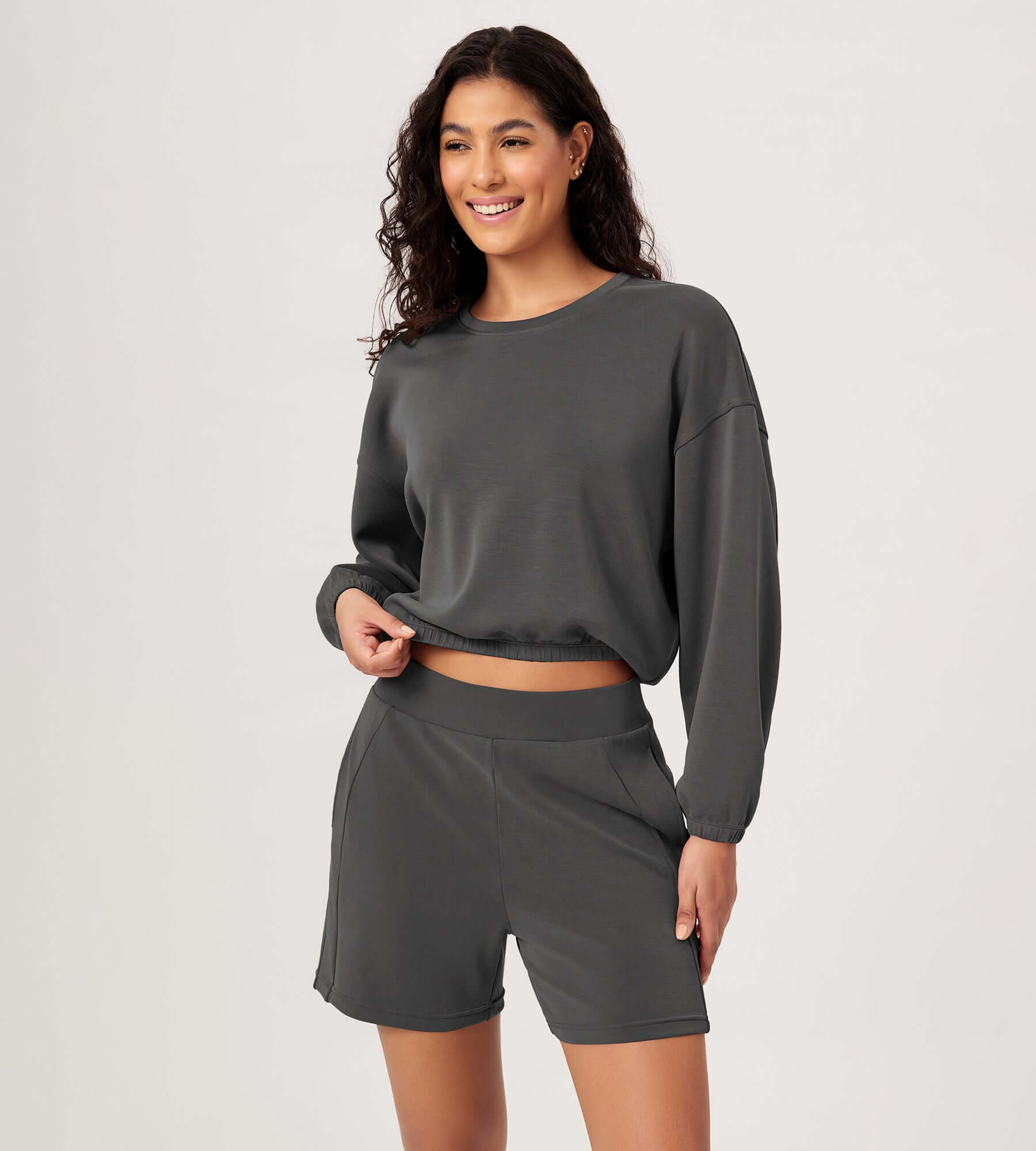 Modal Soft Cropped Long Sleeve Elastic Hem Sweatshirts Charcoal - ododos