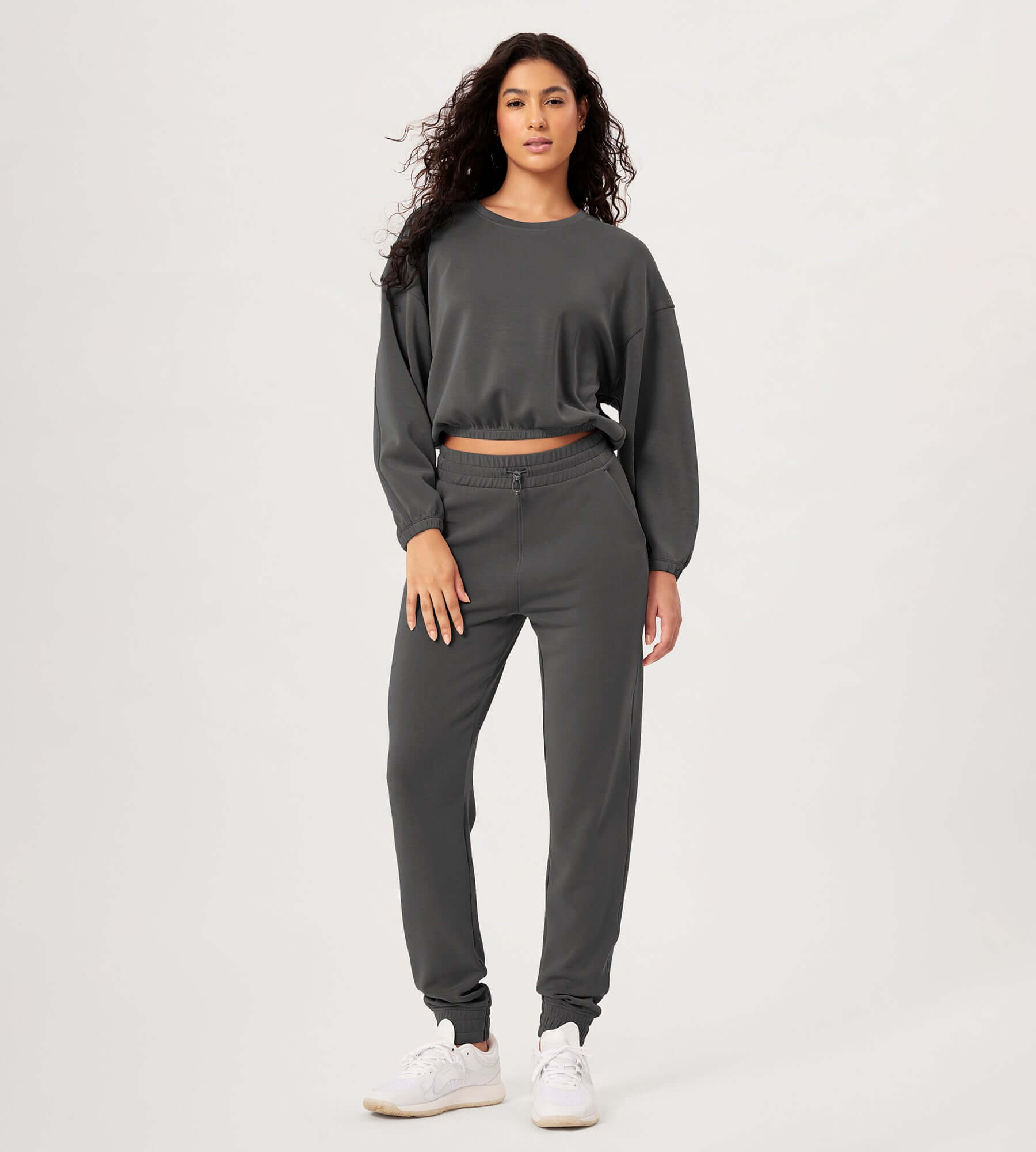 Modal Soft Cropped Long Sleeve Elastic Hem Sweatshirts - ododos