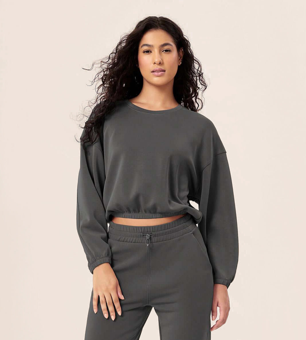 Modal Soft Cropped Long Sleeve Elastic Hem Sweatshirts - ododos