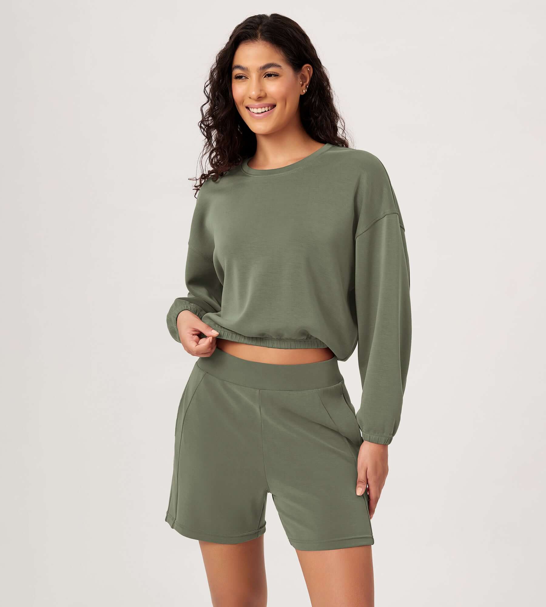 Modal Soft Cropped Long Sleeve Elastic Hem Sweatshirts Dark Sage - ododos