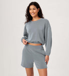 Modal Soft Cropped Long Sleeve Elastic Hem Sweatshirts Grey Blue - ododos