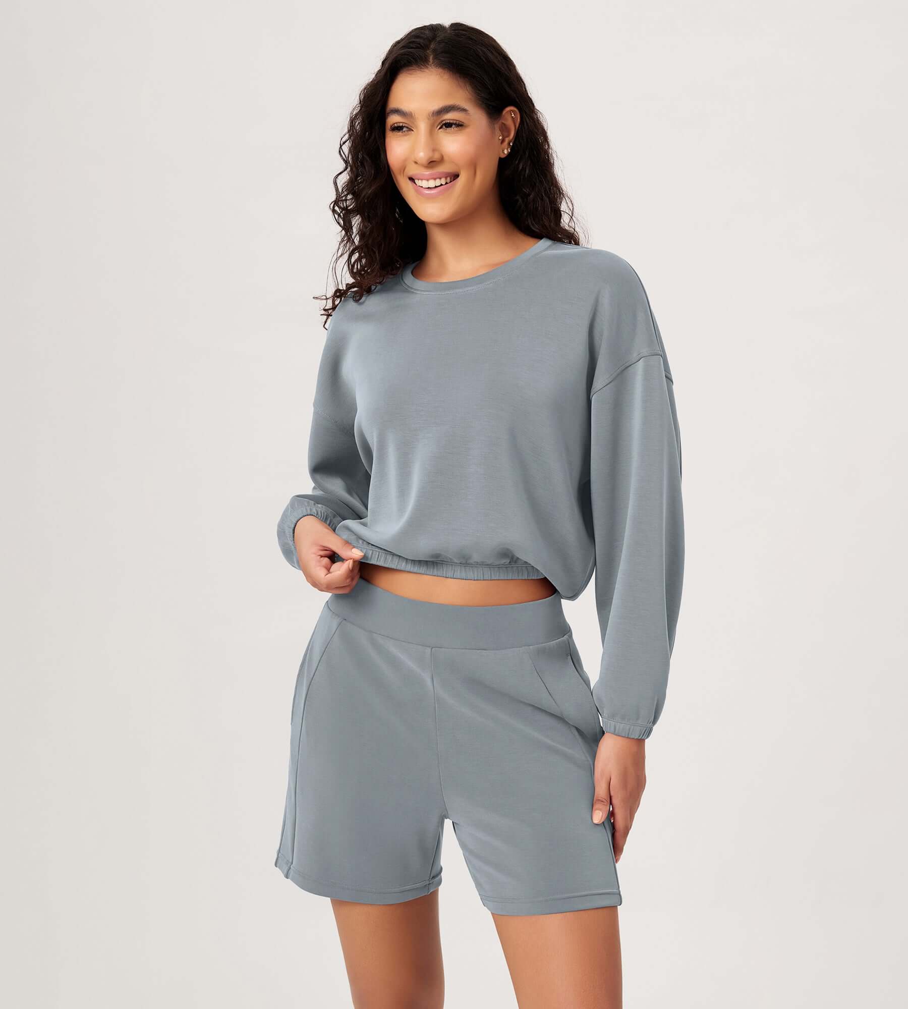 Modal Soft Cropped Long Sleeve Elastic Hem Sweatshirts Grey Blue - ododos