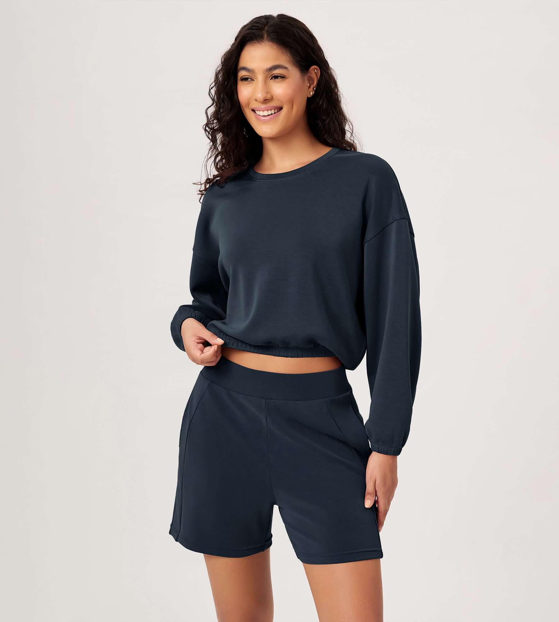 Modal Soft Cropped Long Sleeve Elastic Hem Sweatshirts Navy - ododos