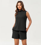 Modal Soft Casual Sleeveless Turtleneck Pullover Tops Black - ododos