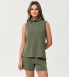 Modal Soft Casual Sleeveless Turtleneck Pullover Tops Dark Sage - ododos