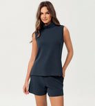 Modal Soft Casual Sleeveless Turtleneck Pullover Tops Navy - ododos