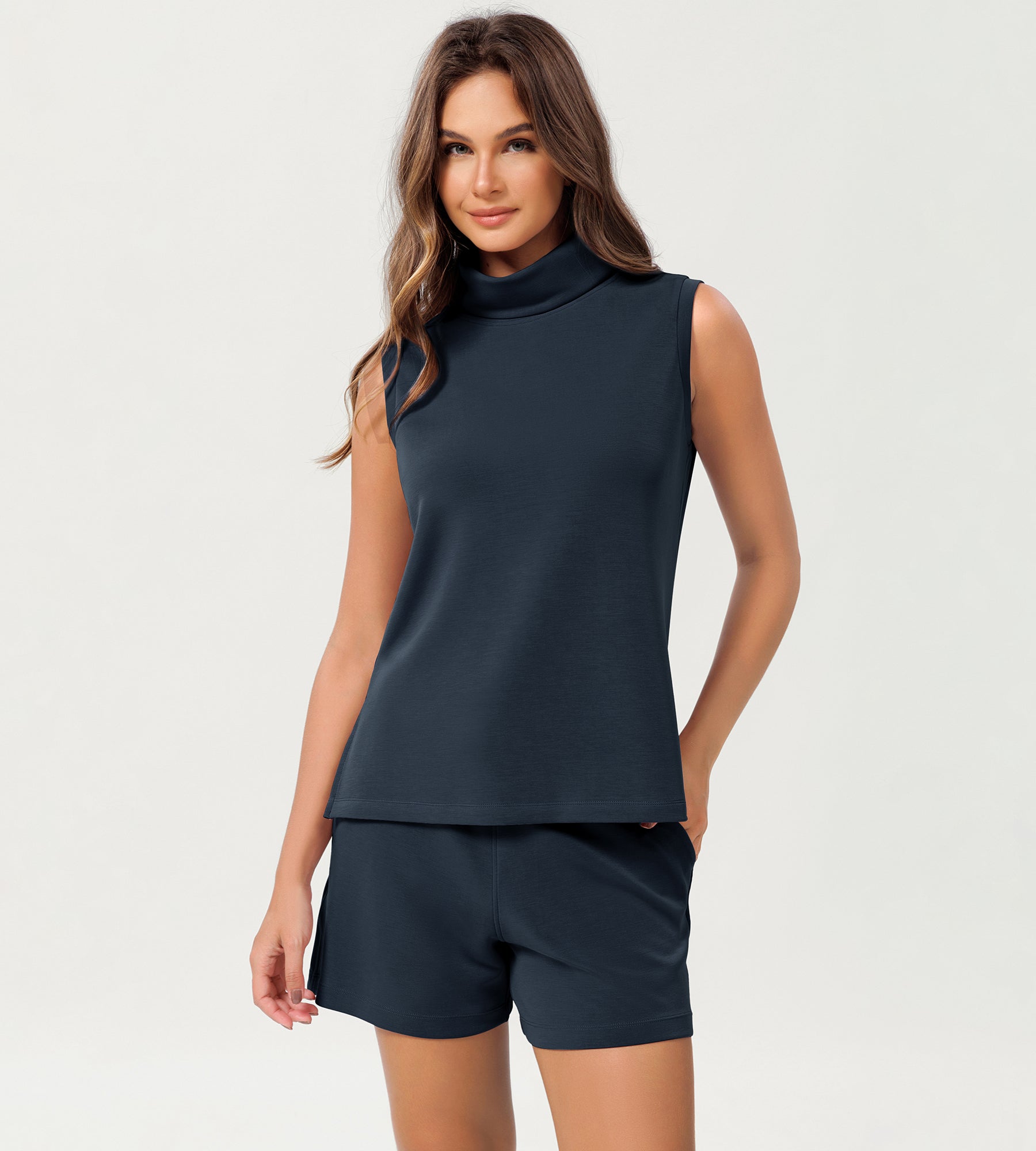 Modal Soft Casual Sleeveless Turtleneck Pullover Tops Navy - ododos