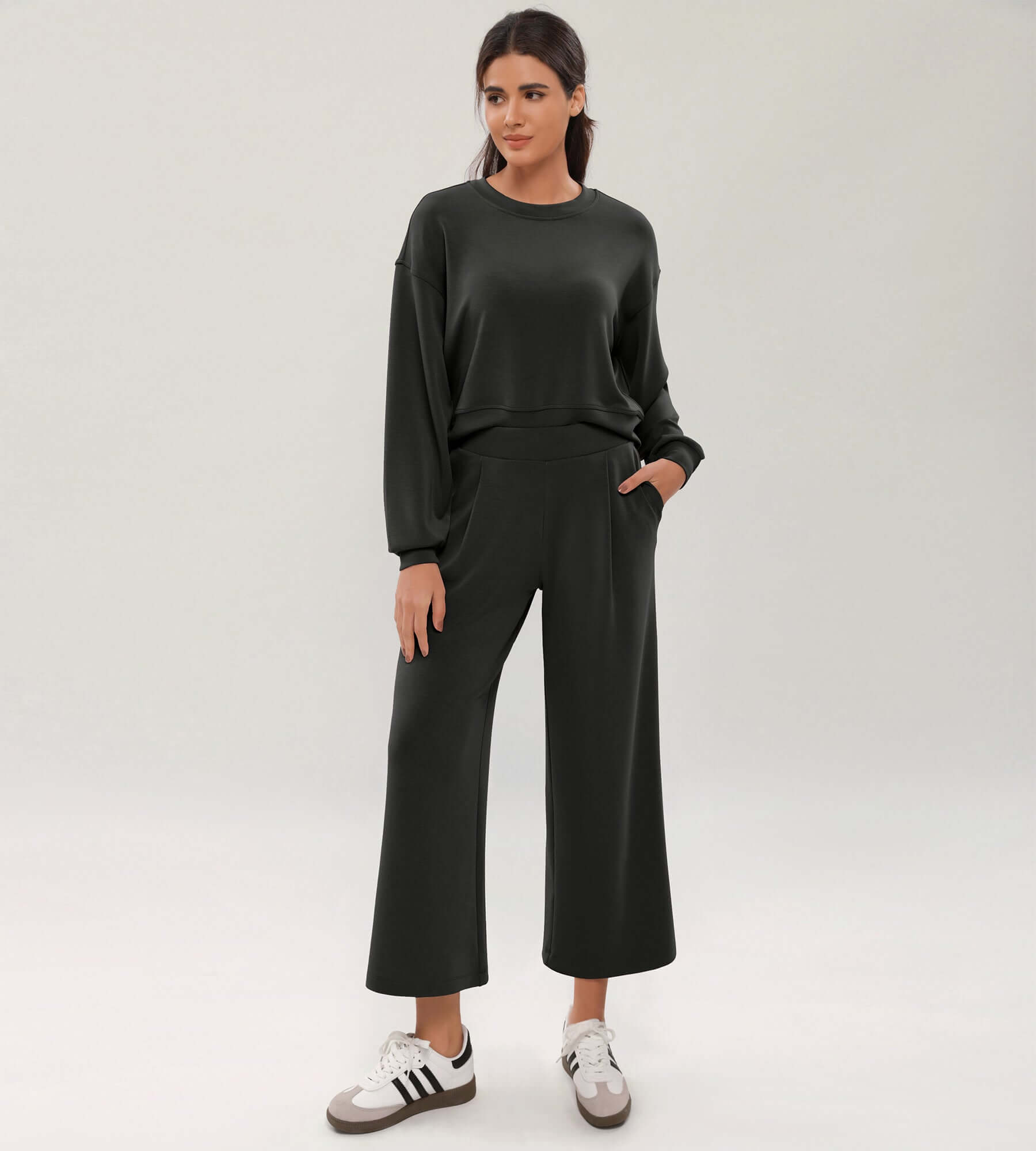 Modal Soft Wide Leg Cropped Casual Pants Black - ododos