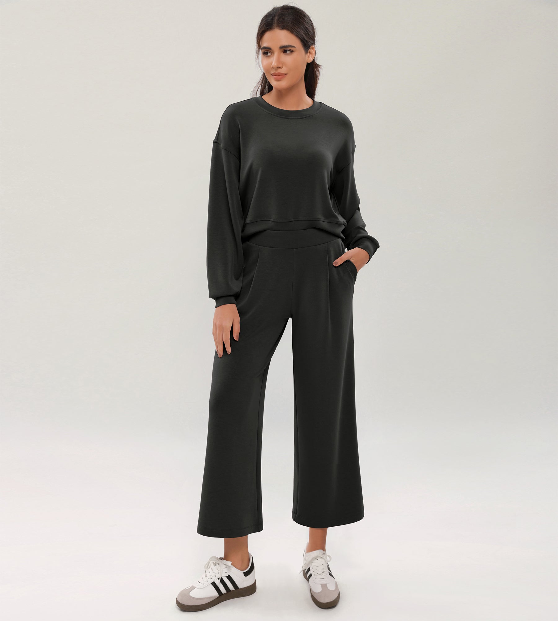 Modal Soft Wide Leg Cropped Casual Pants Black - ododos