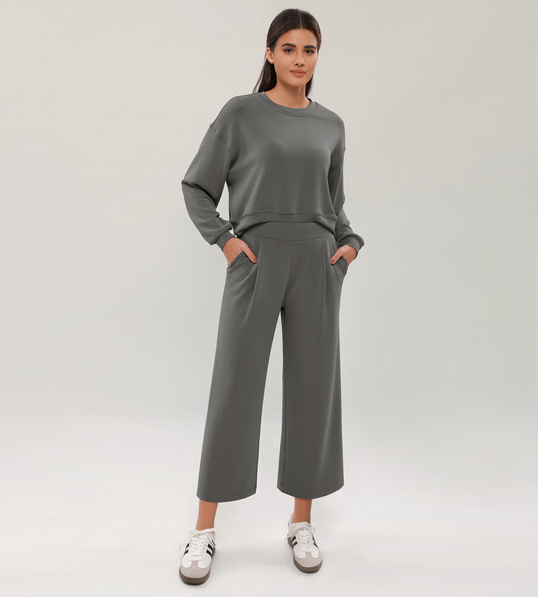 Modal Soft Wide Leg Cropped Casual Pants Charcoal - ododos