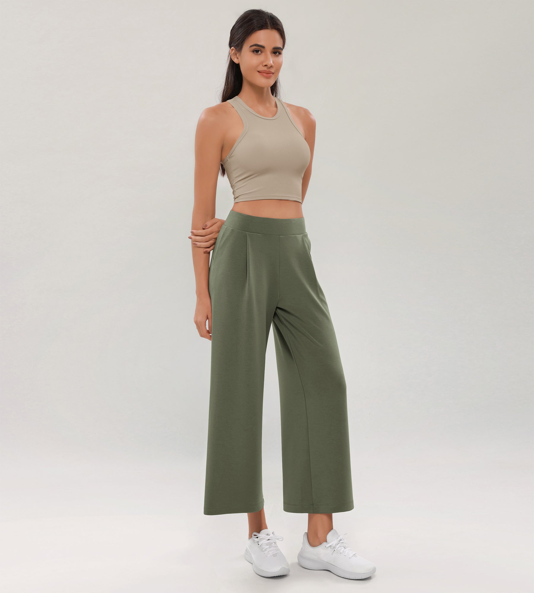 Modal Soft Wide Leg Cropped Casual Pants Dark Sage - ododos