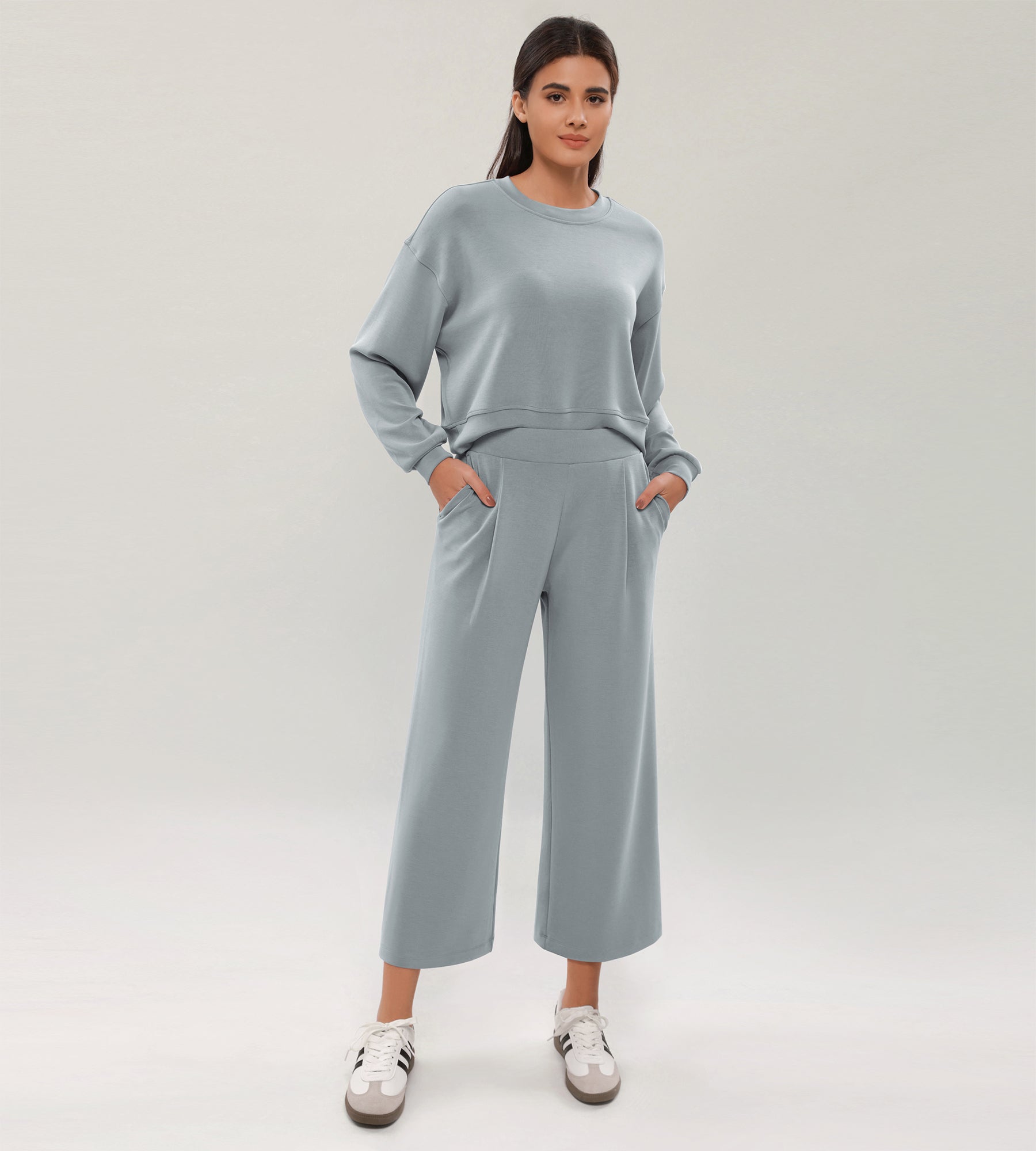 Modal Soft Wide Leg Cropped Casual Pants Grey Blue - ododos