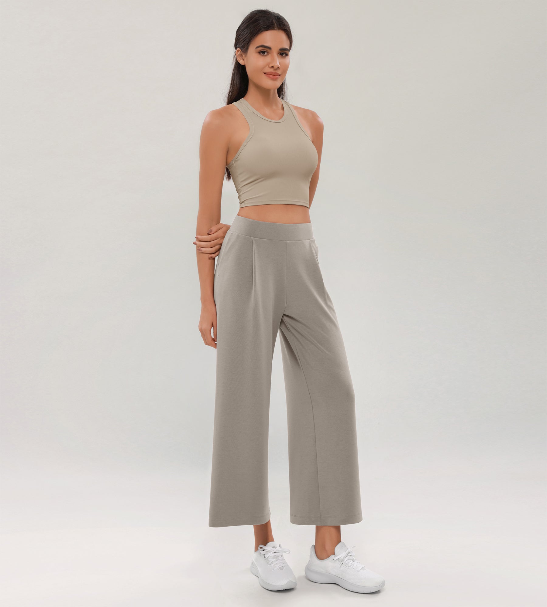 Modal Soft Wide Leg Cropped Casual Pants Khaki - ododos