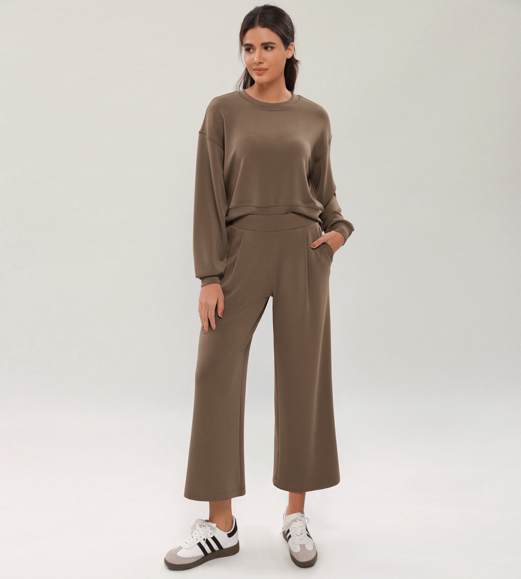 Modal Soft Wide Leg Cropped Casual Pants Nutria - ododos