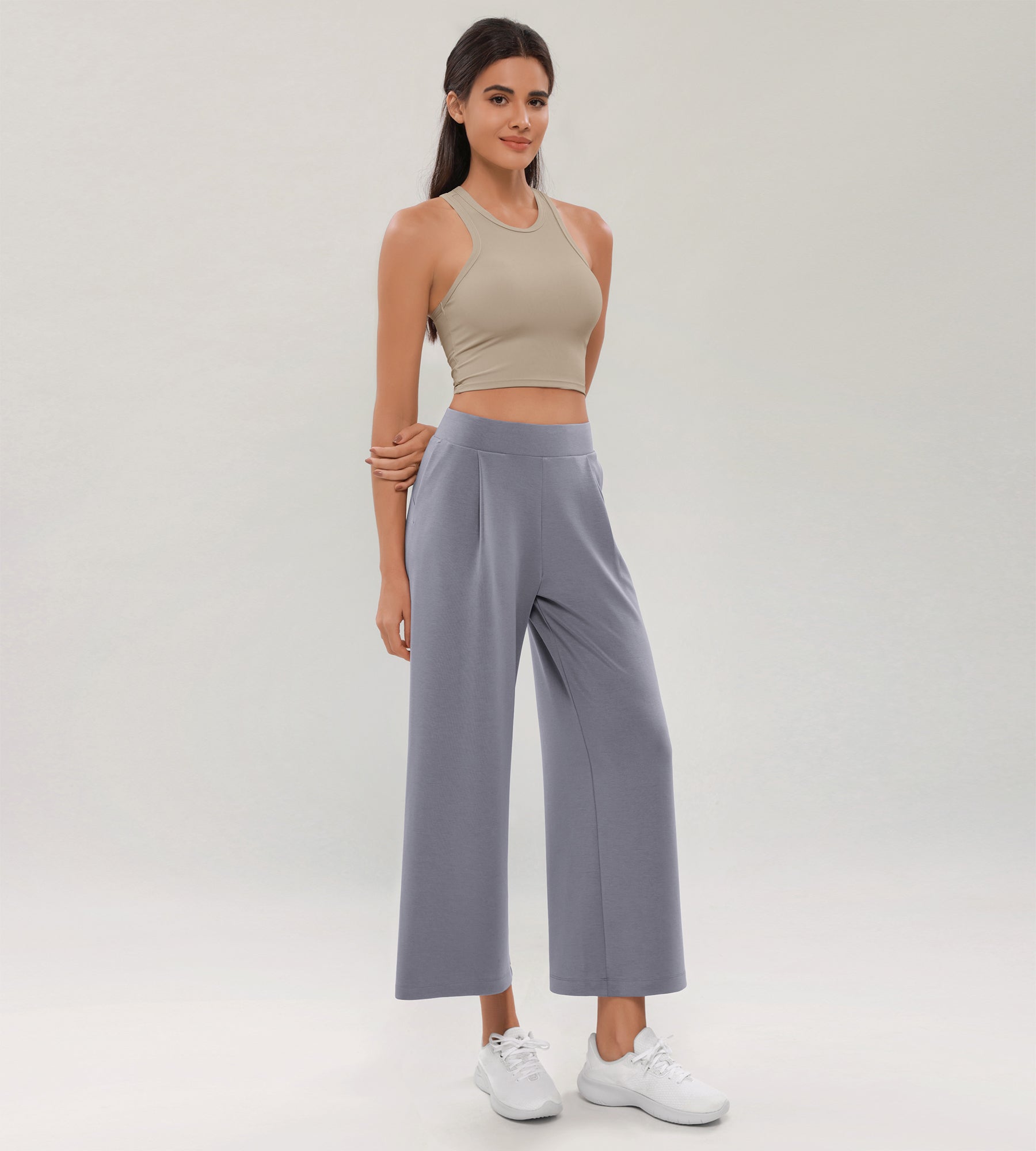 Modal Soft Wide Leg Cropped Casual Pants Purple Gray - ododos