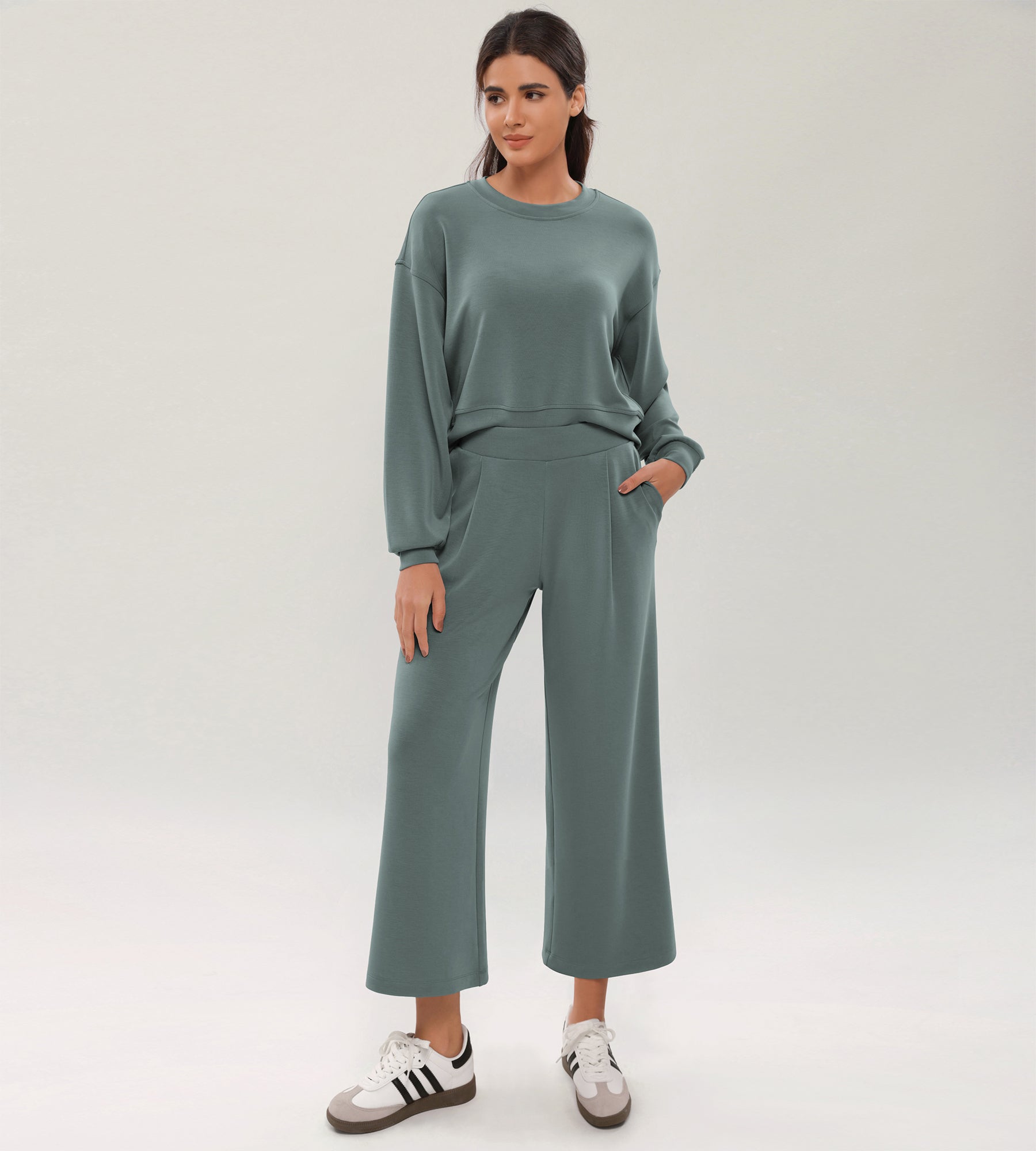 Modal Soft Wide Leg Cropped Casual Pants Slate Green - ododos