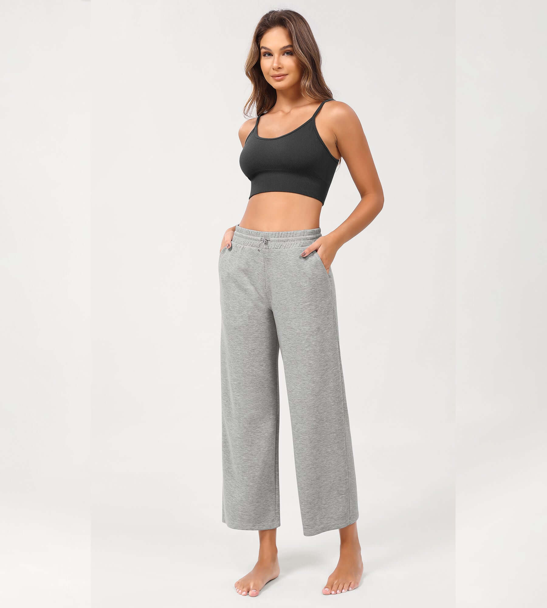 25 Adjustable Shockcord High Waist Casual Lounge Pants with Pockets Heather Grey - ododos