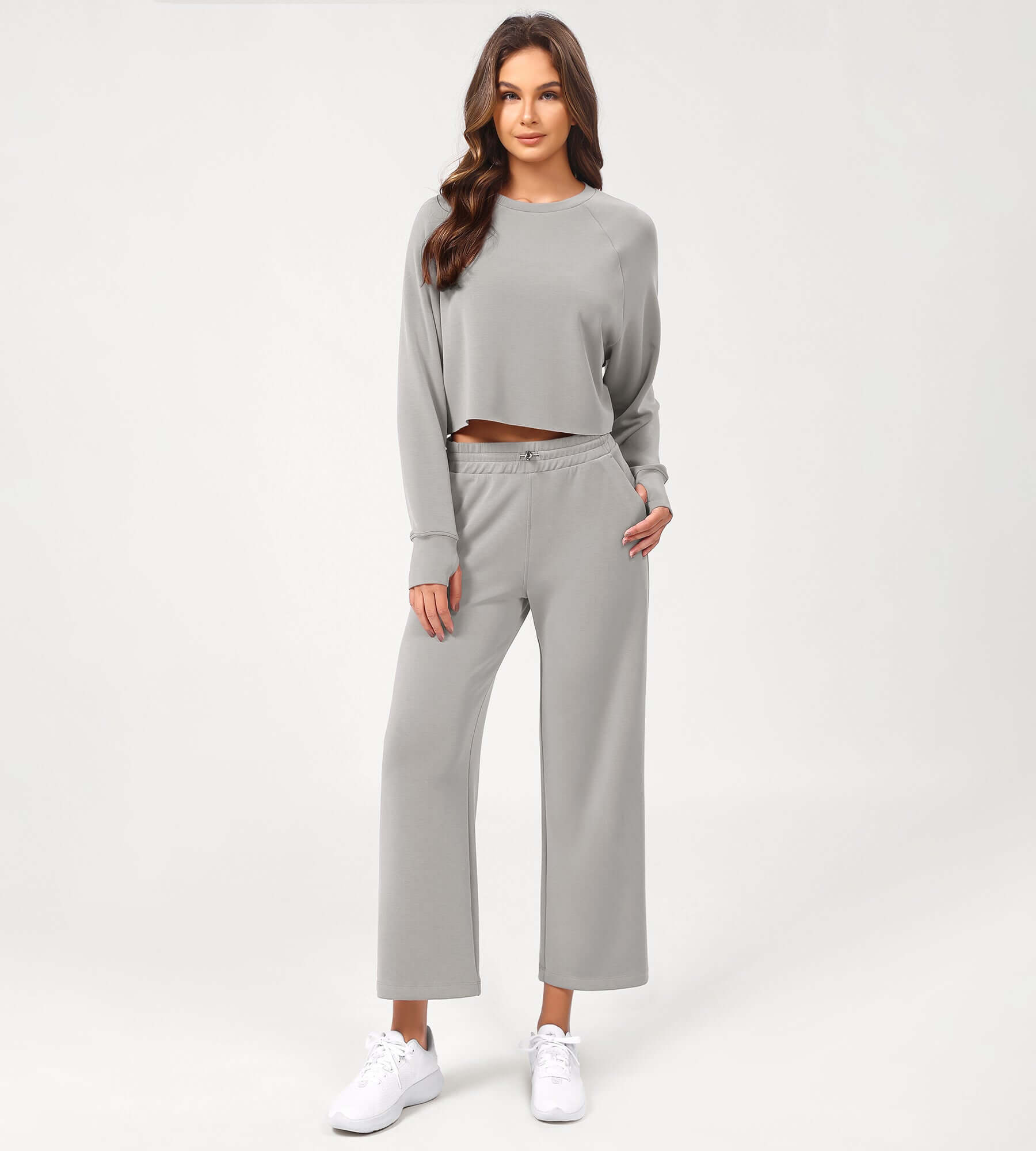 25 Adjustable Shockcord High Waist Casual Lounge Pants with Pockets Light Gray - ododos